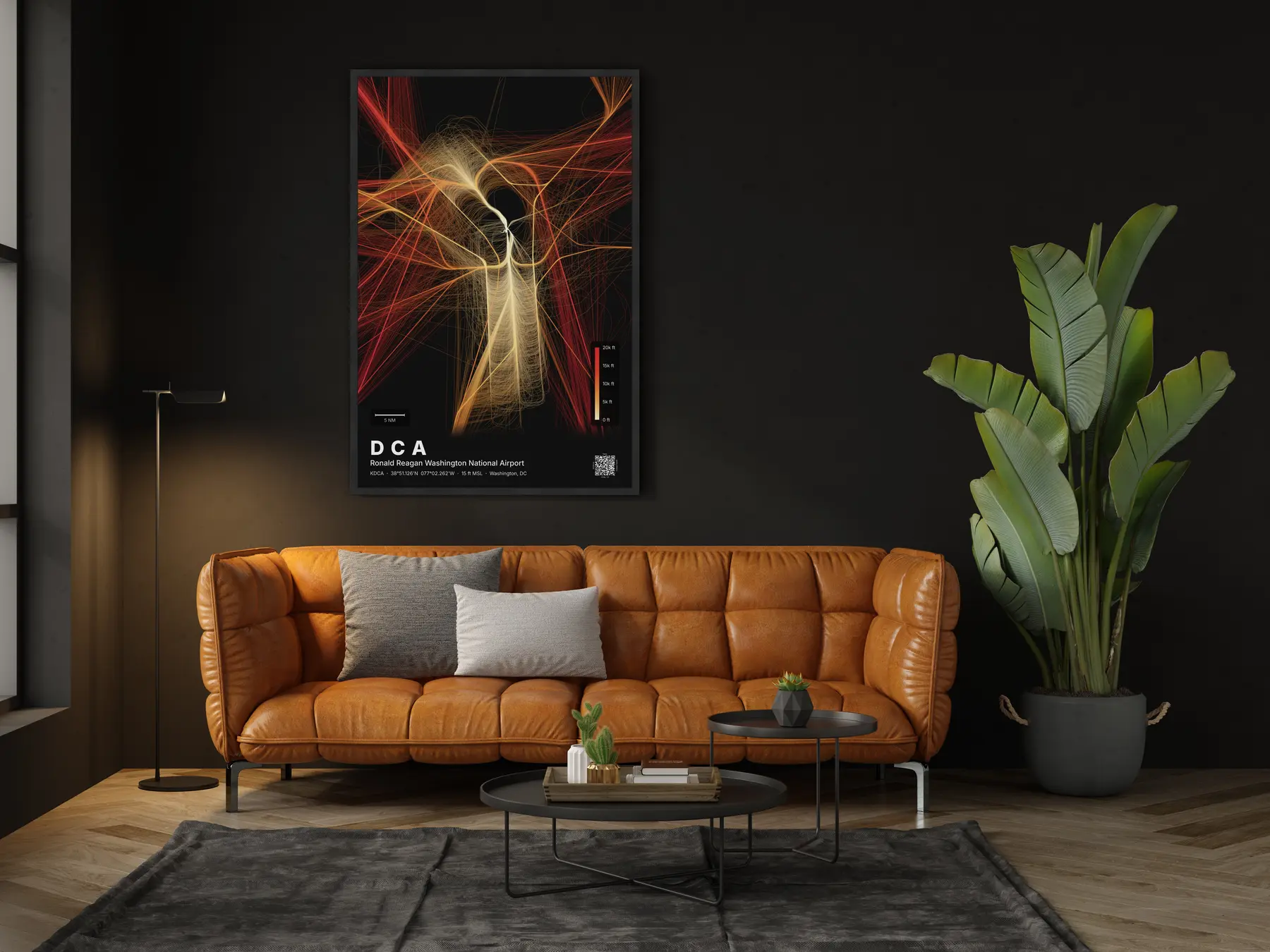 The DCA flight path map on a wall in a living room
