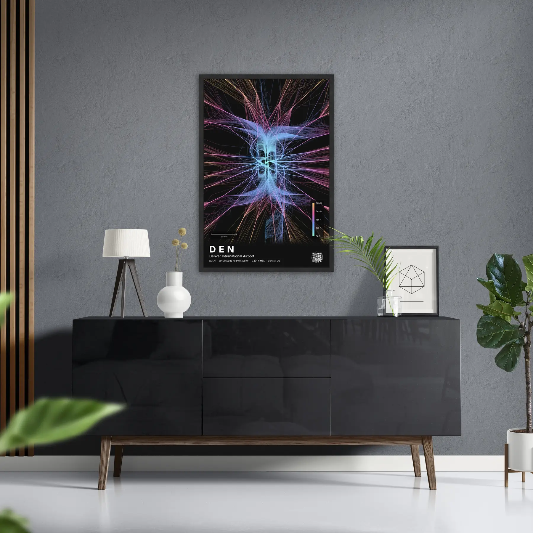 DEN flight path print — Aurora theme · Dark in foyer setting