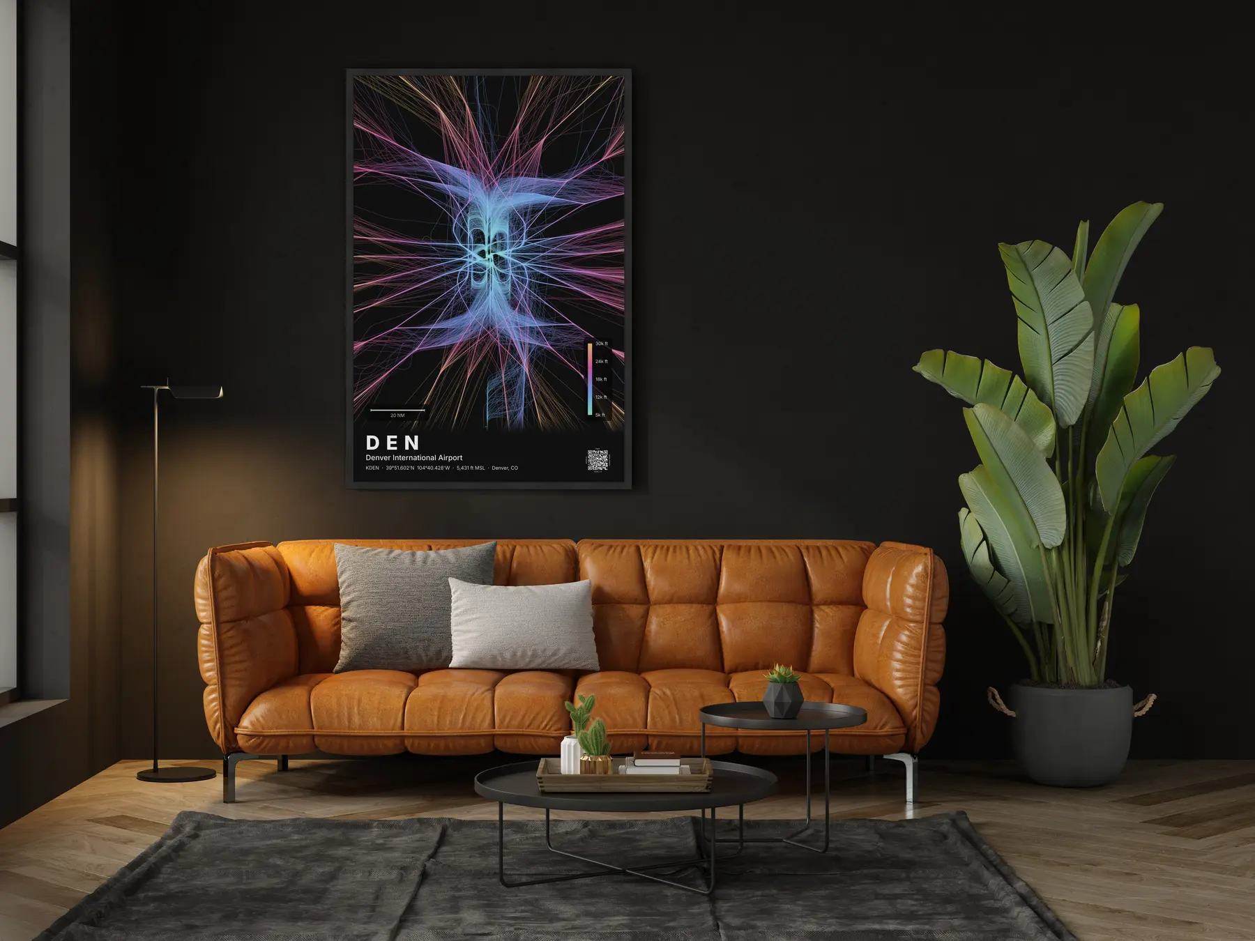 DEN flight path print — Aurora theme · Dark in living-room setting