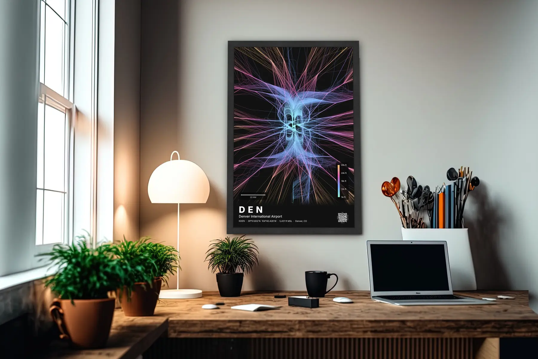 DEN flight path print — Aurora theme · Dark in office setting