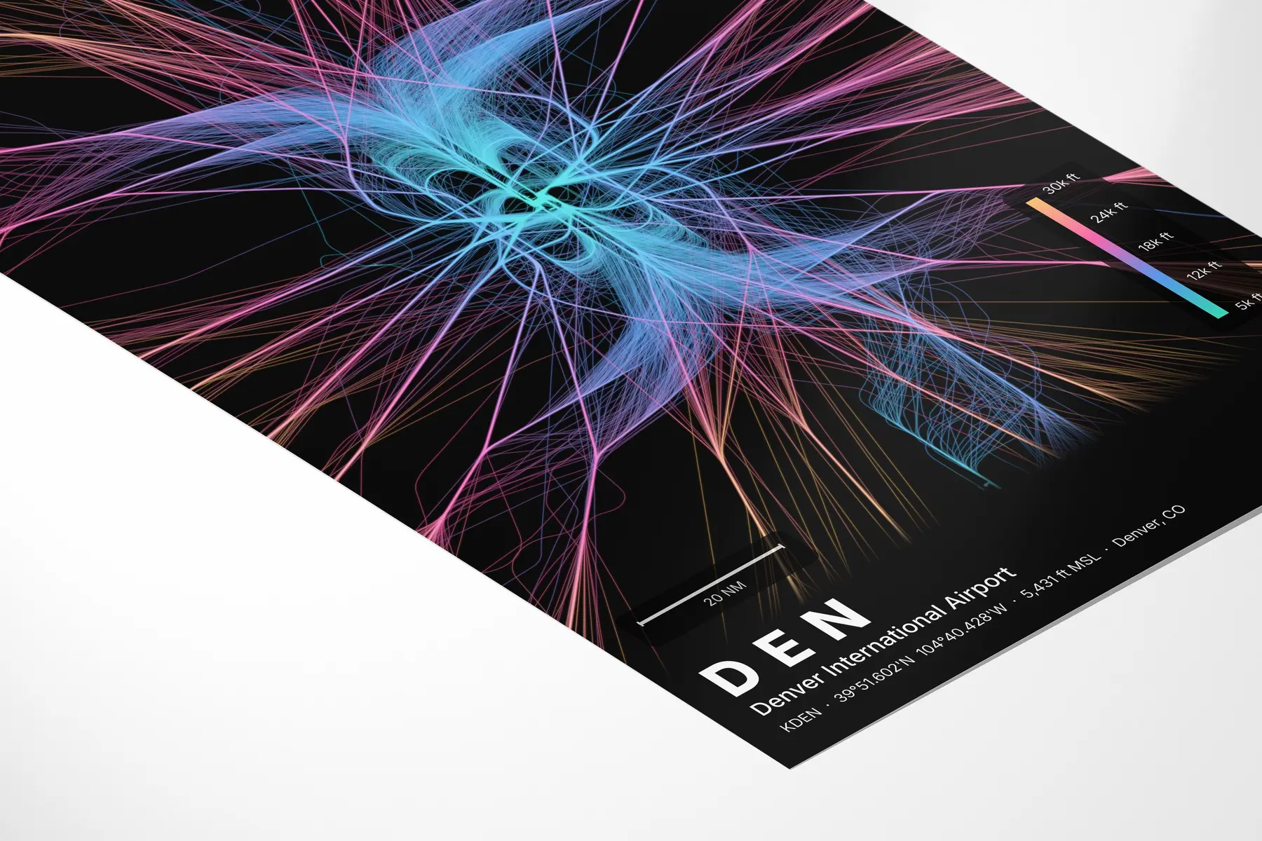 DEN flight path print — Aurora theme · Dark in corner-detail setting
