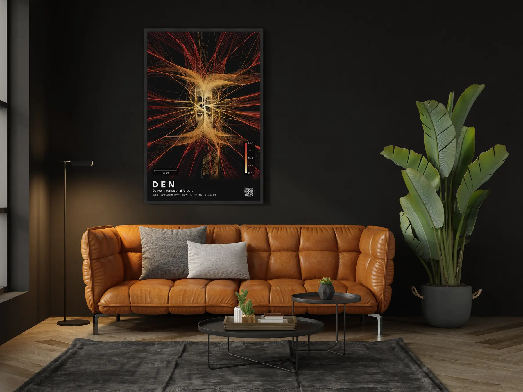 The DEN flight path map on a wall in a living room