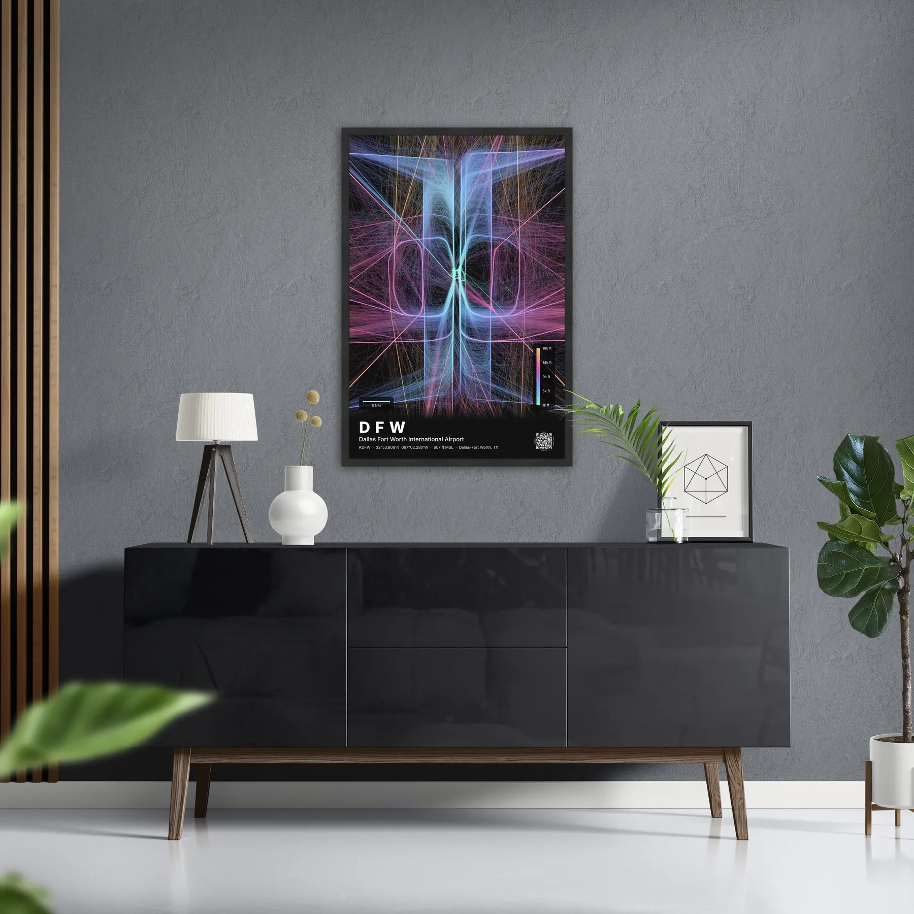 DFW flight path map — Aurora theme · Dark in foyer setting