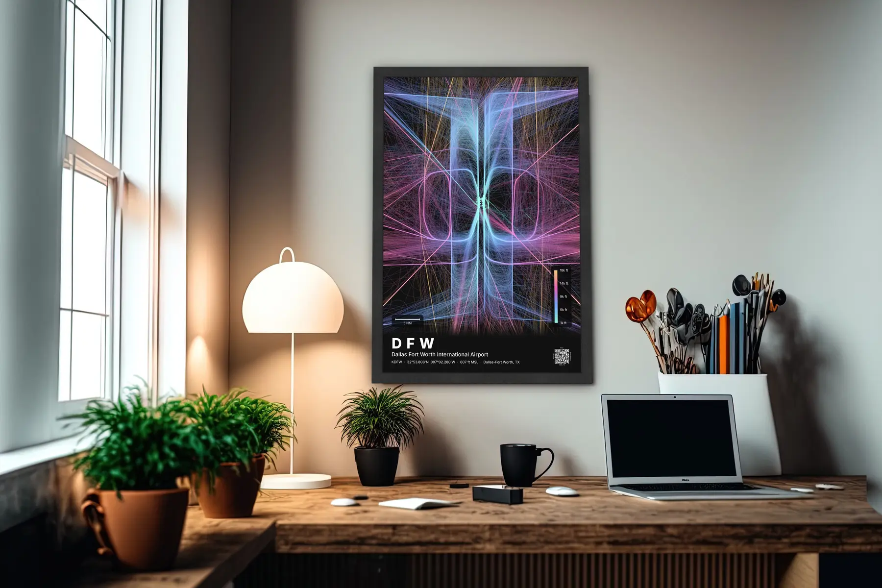DFW flight path map — Aurora theme · Dark in office setting