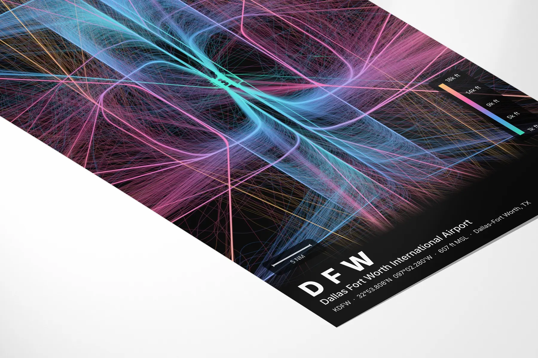 DFW flight path map — Aurora theme · Dark in corner-detail setting
