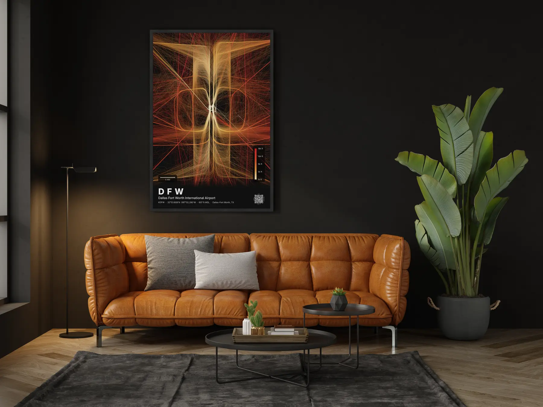 The DFW flight path map on a wall in a living room