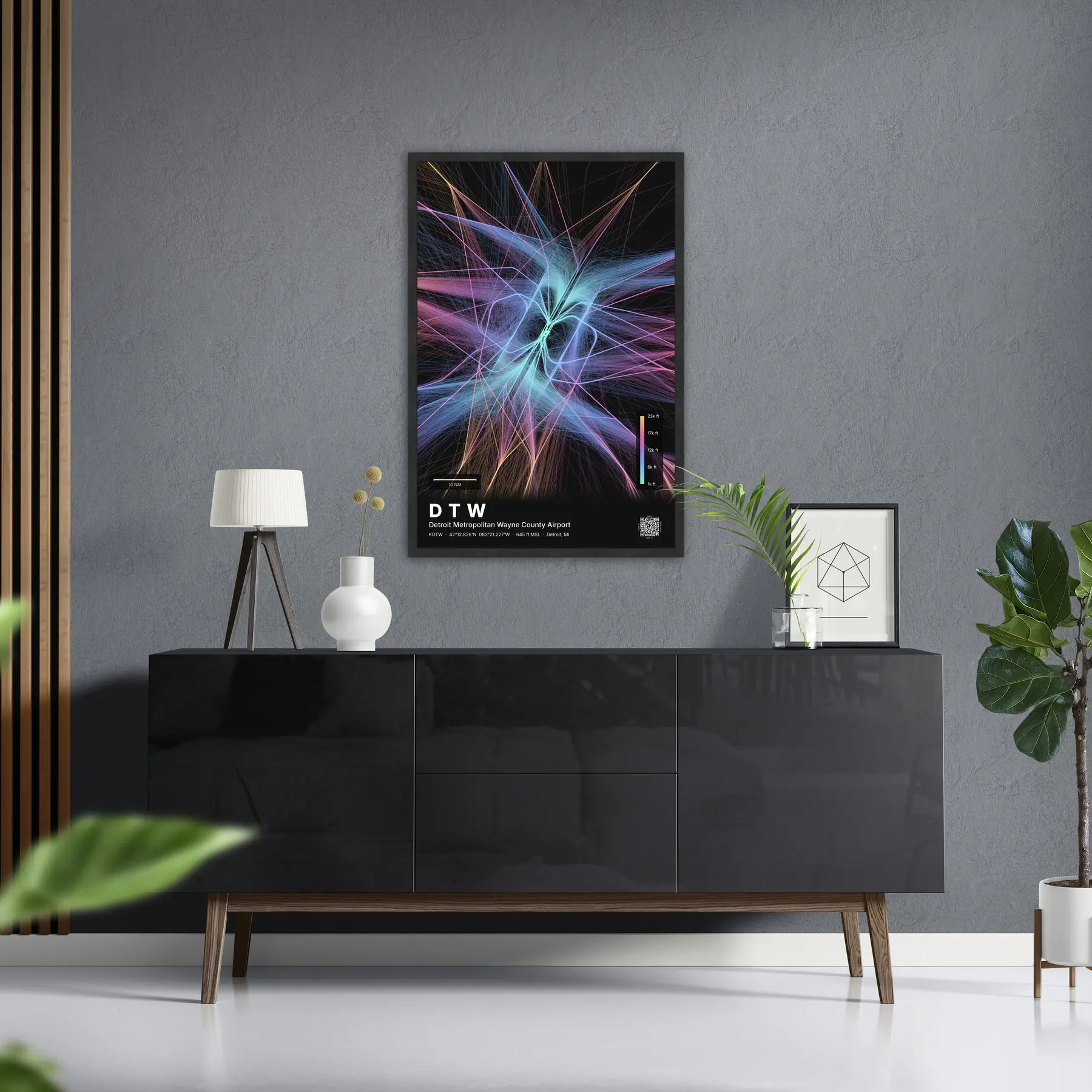 DTW flight path map — Aurora theme · Dark in foyer setting