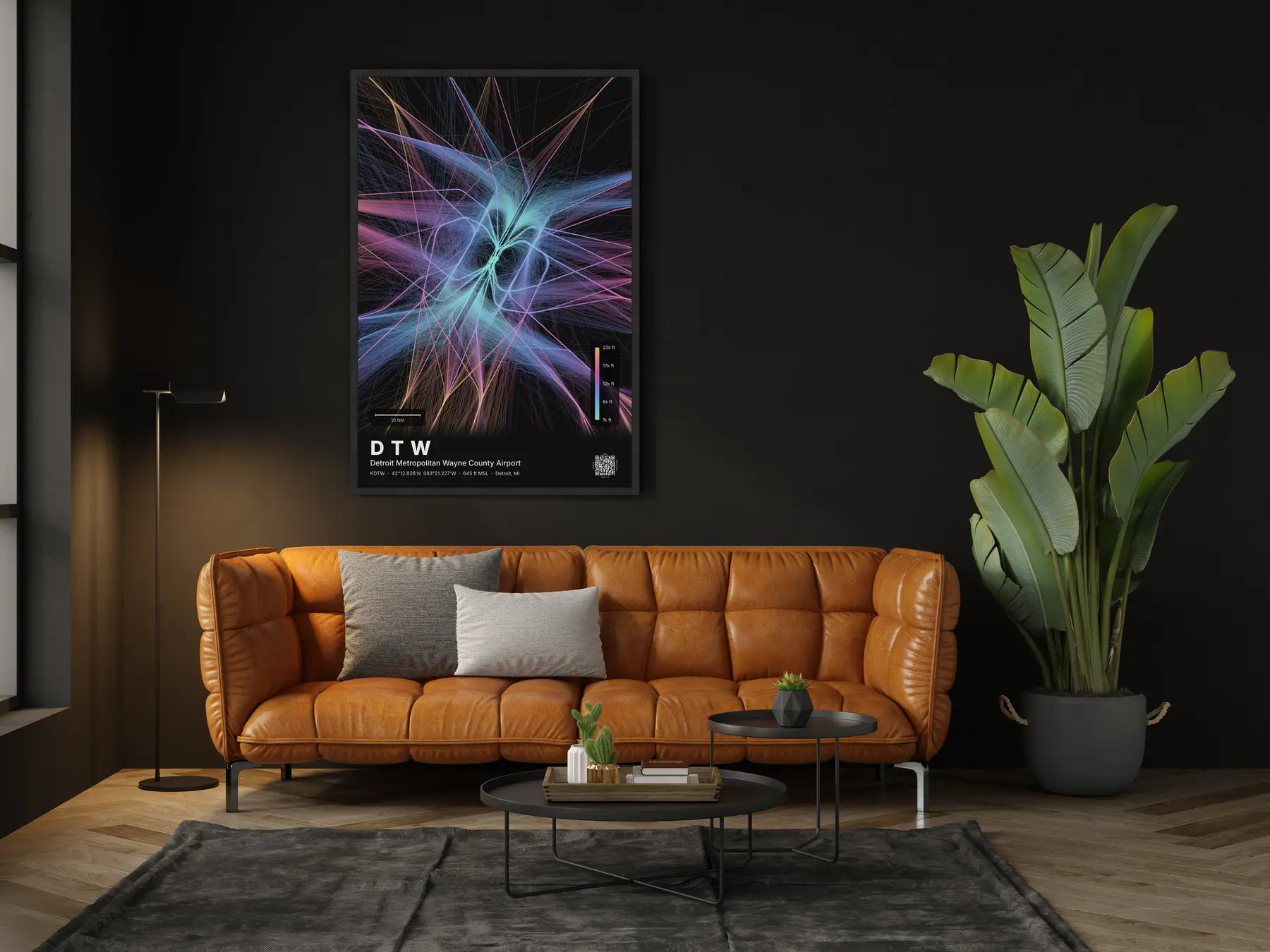 DTW flight path map — Aurora theme · Dark in living-room setting