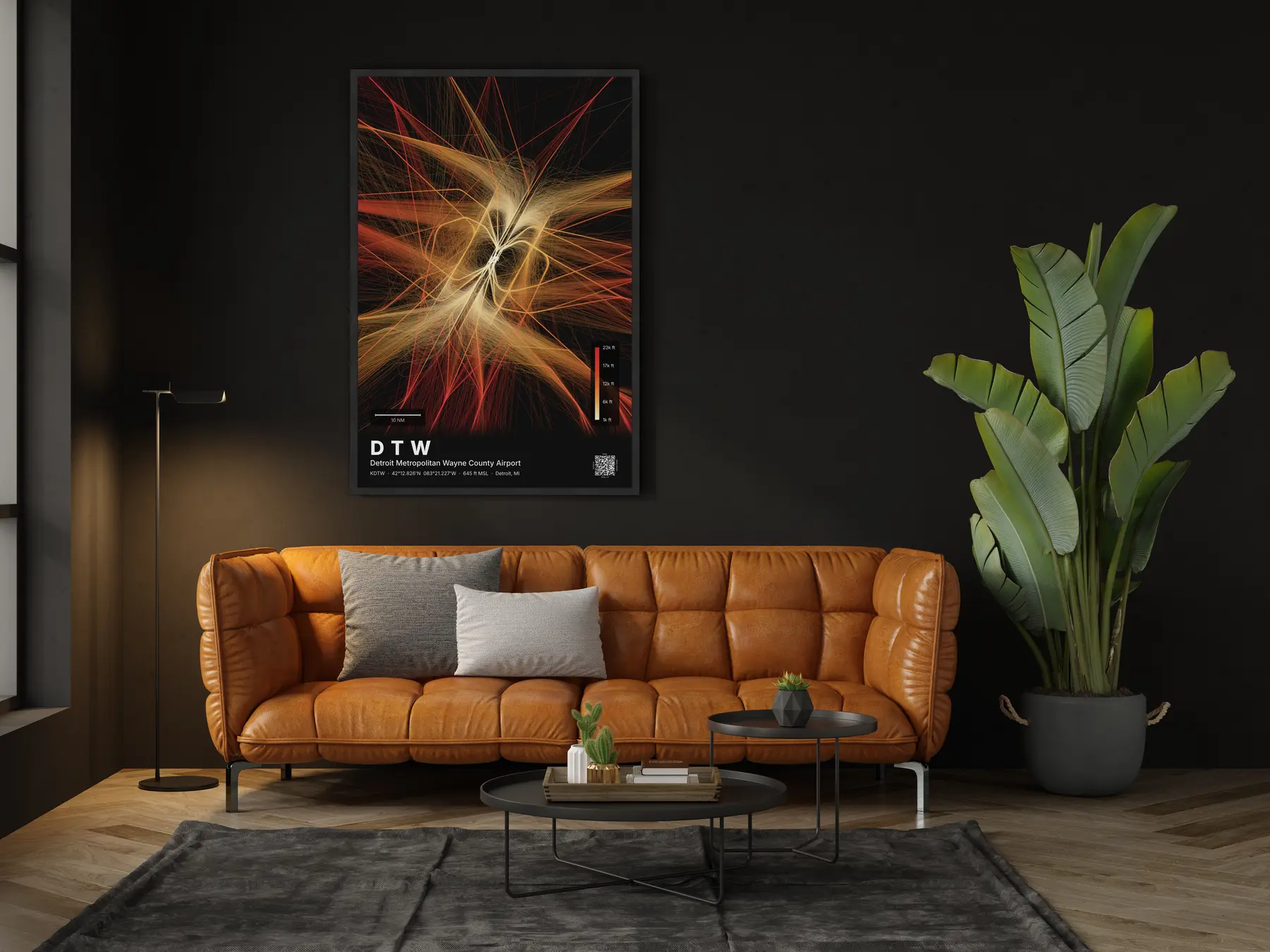The DTW flight path map on a wall in a living room