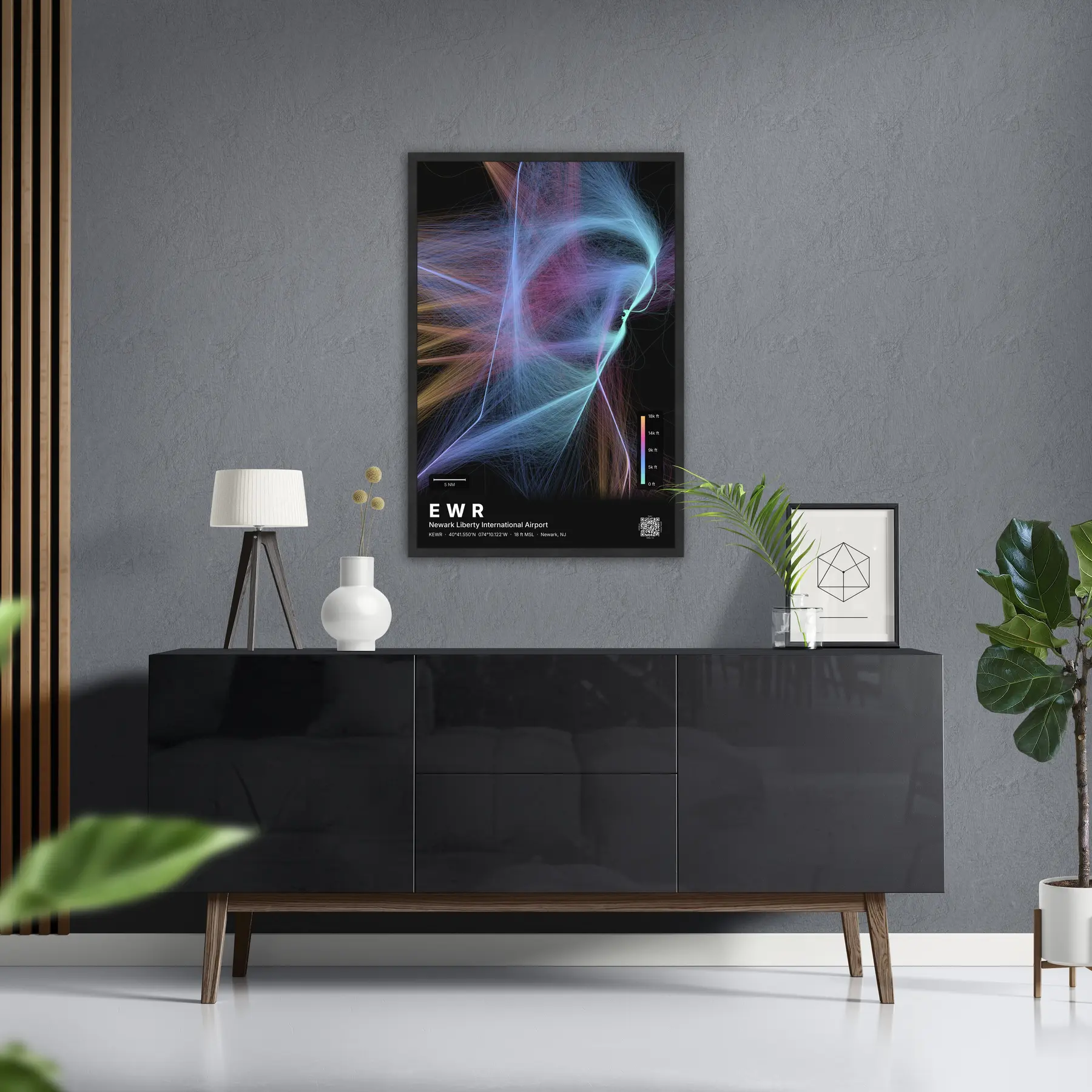 EWR flight path print — Aurora theme · Dark in foyer setting