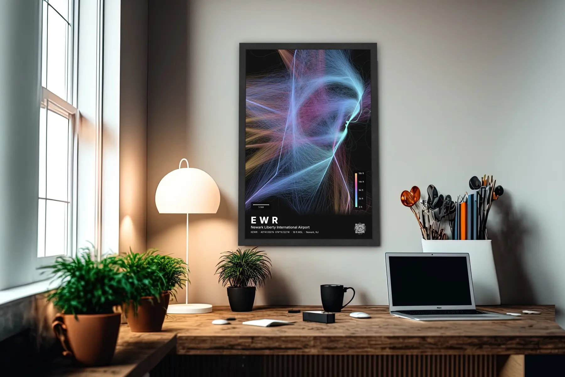 EWR flight path print — Aurora theme · Dark in office setting