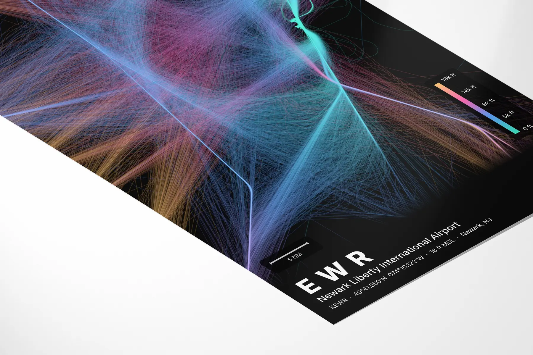 EWR flight path print — Aurora theme · Dark in corner-detail setting