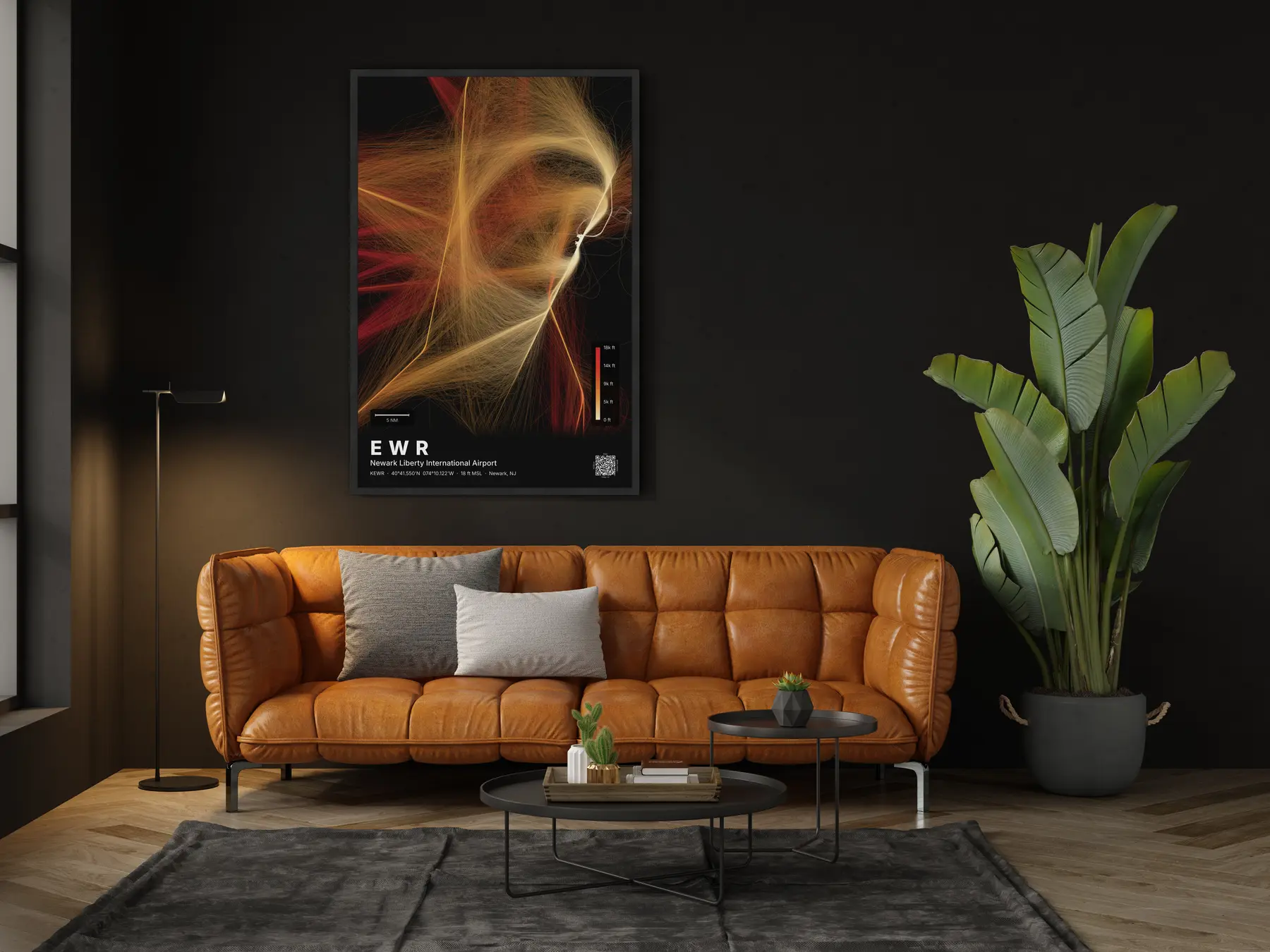 The EWR flight path map on a wall in a living room