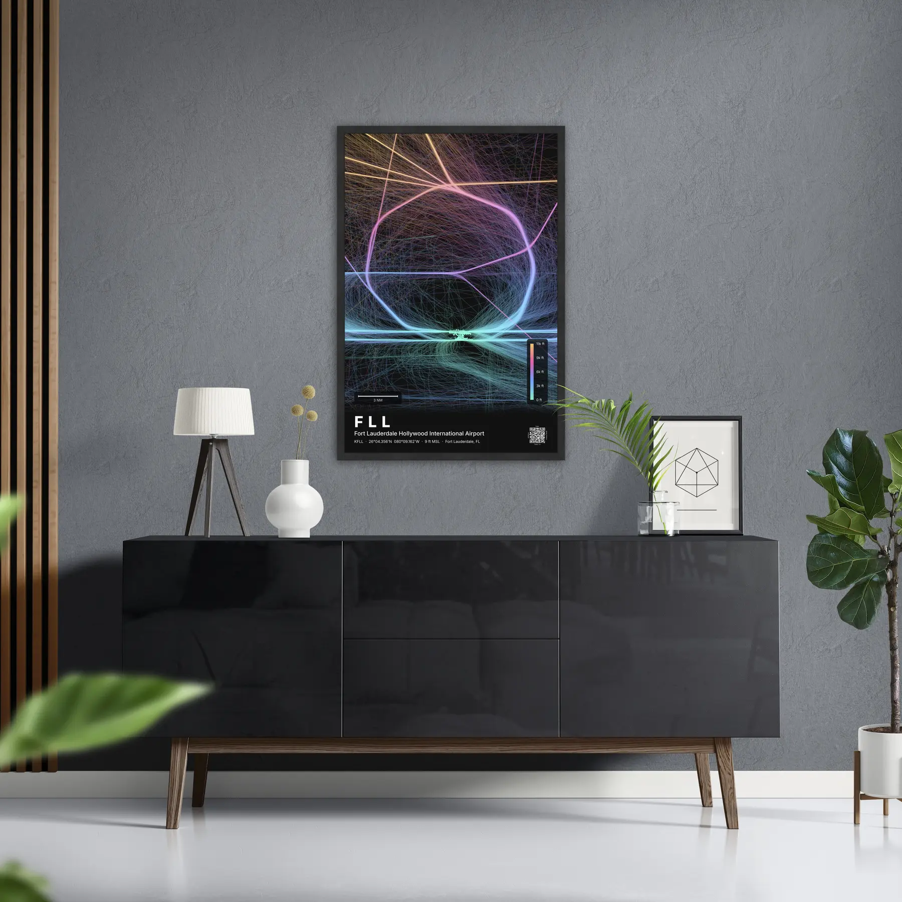 FLL flight path map — Aurora theme · Dark in foyer setting