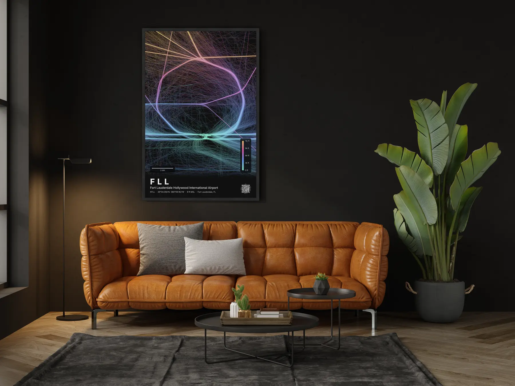 FLL flight path map — Aurora theme · Dark in living-room setting