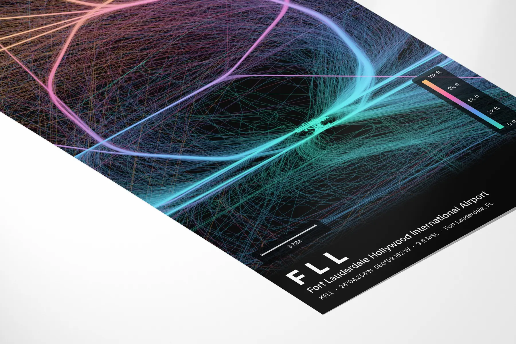FLL flight path map — Aurora theme · Dark in corner-detail setting