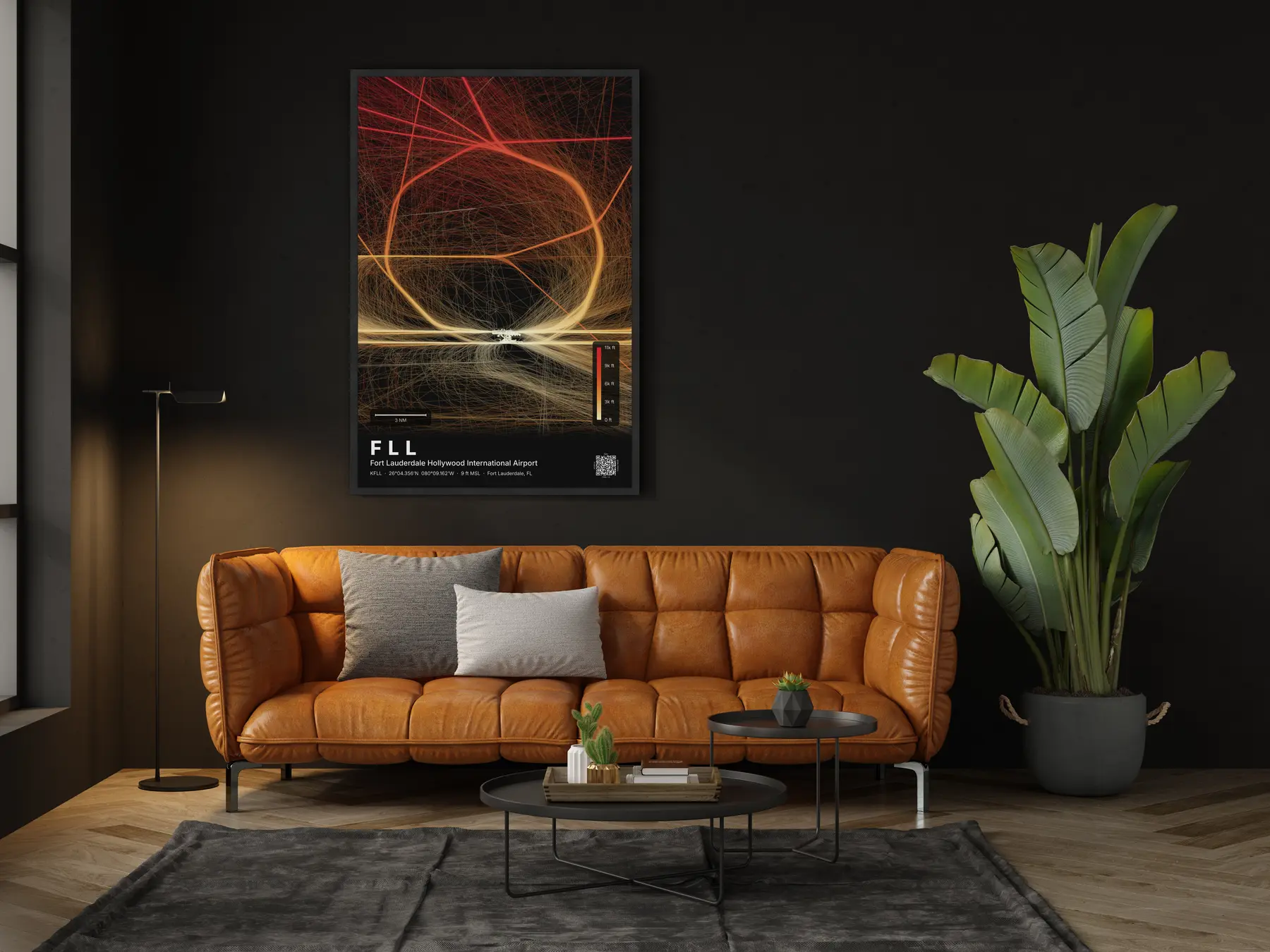 The FLL flight path map on a wall in a living room