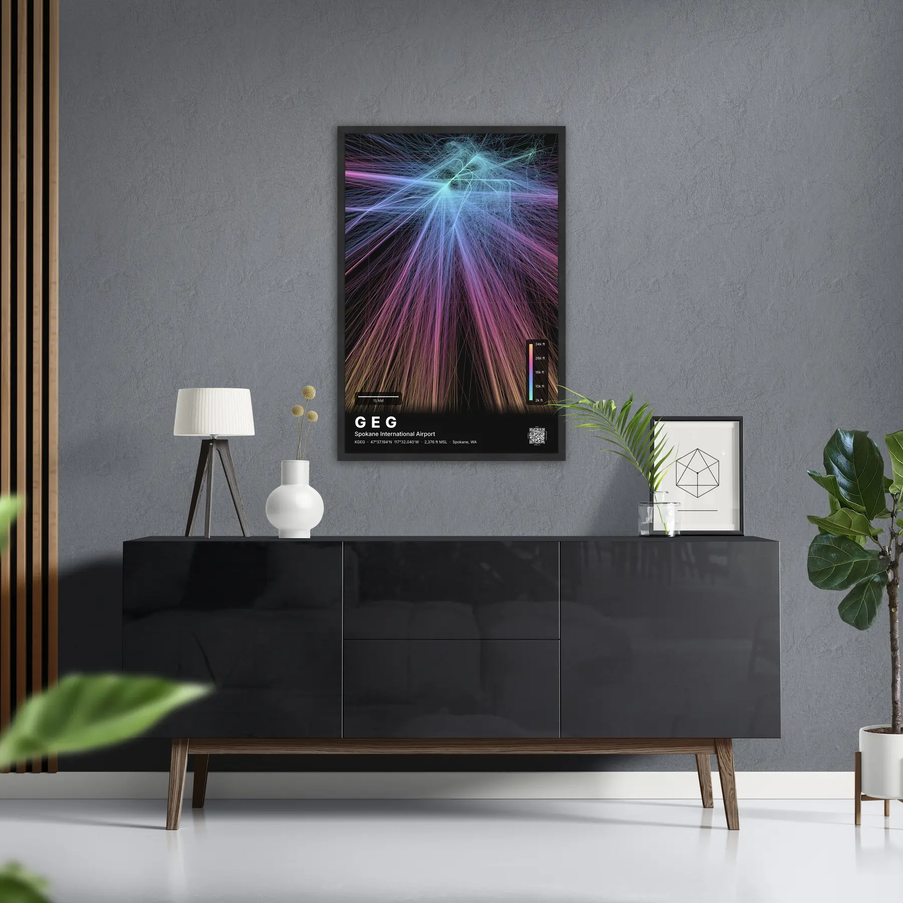 GEG flight path print — Aurora theme · Dark in foyer setting