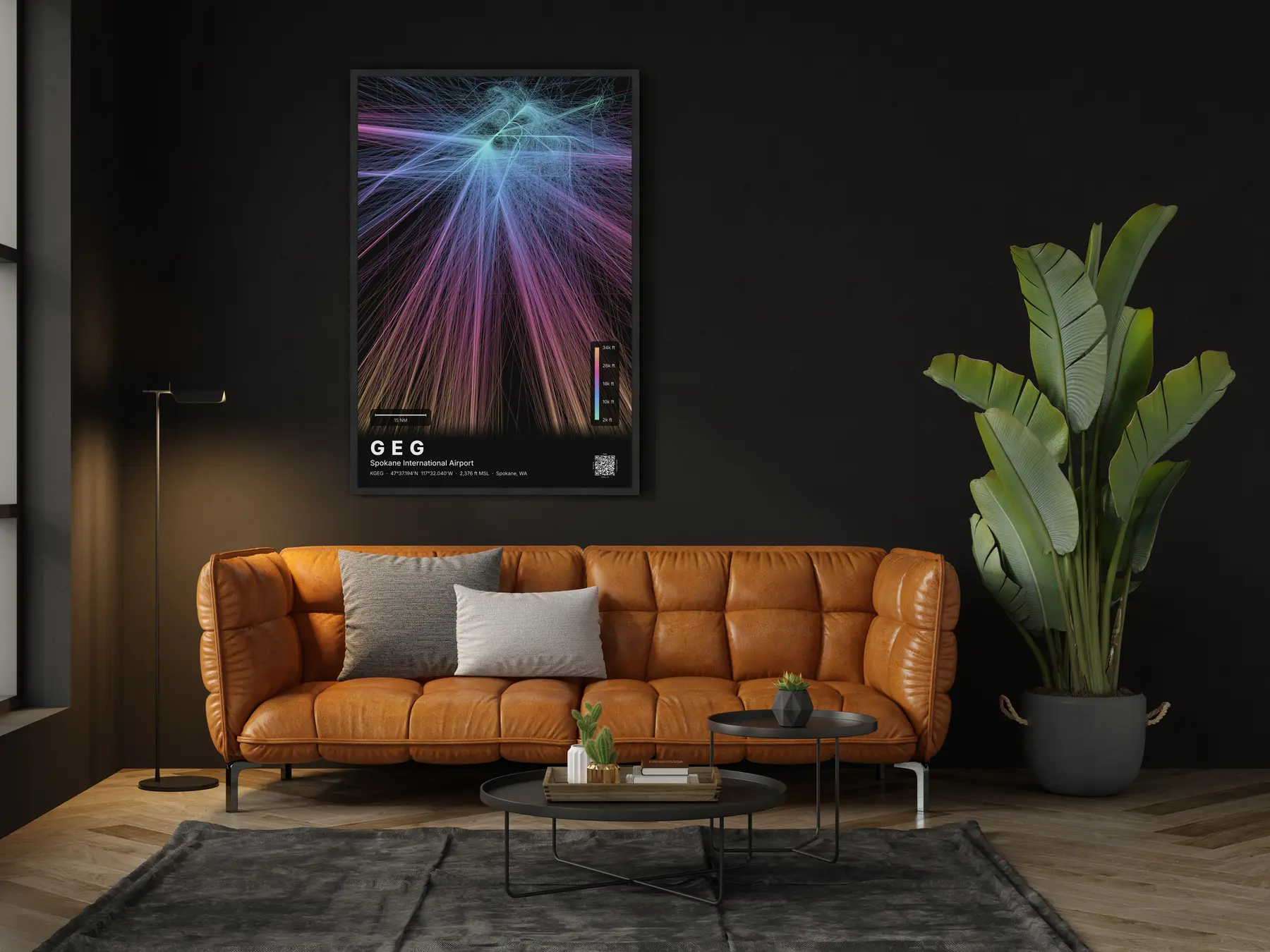 GEG flight path print — Aurora theme · Dark in living-room setting