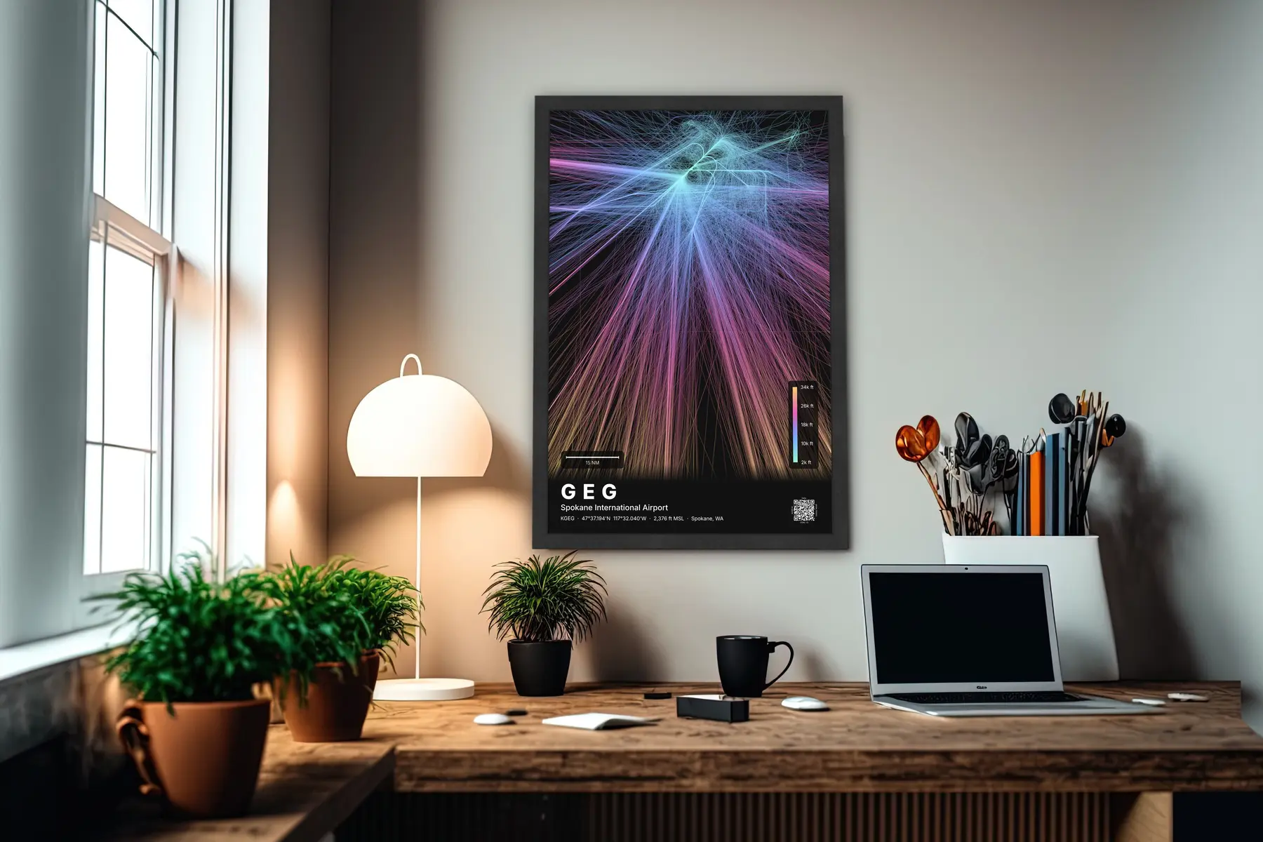 GEG flight path print — Aurora theme · Dark in office setting