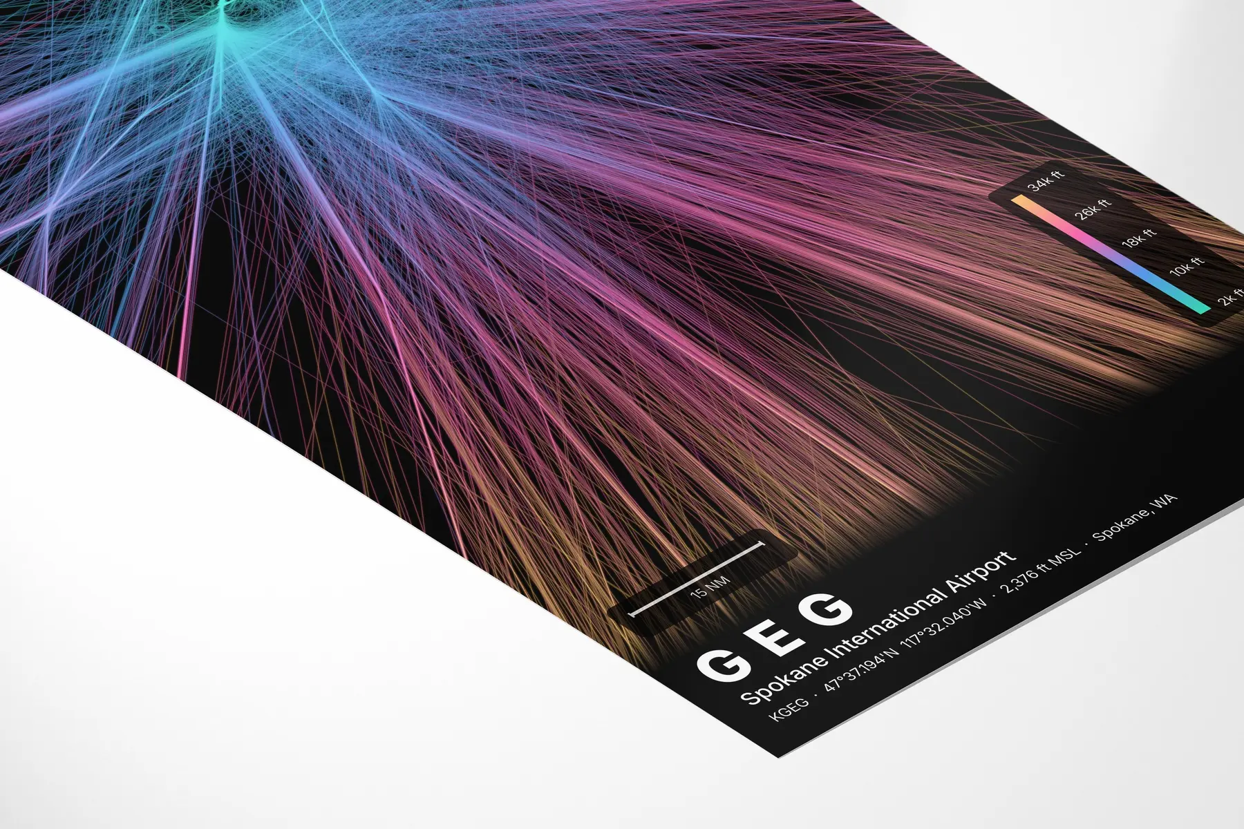 GEG flight path print — Aurora theme · Dark in corner-detail setting
