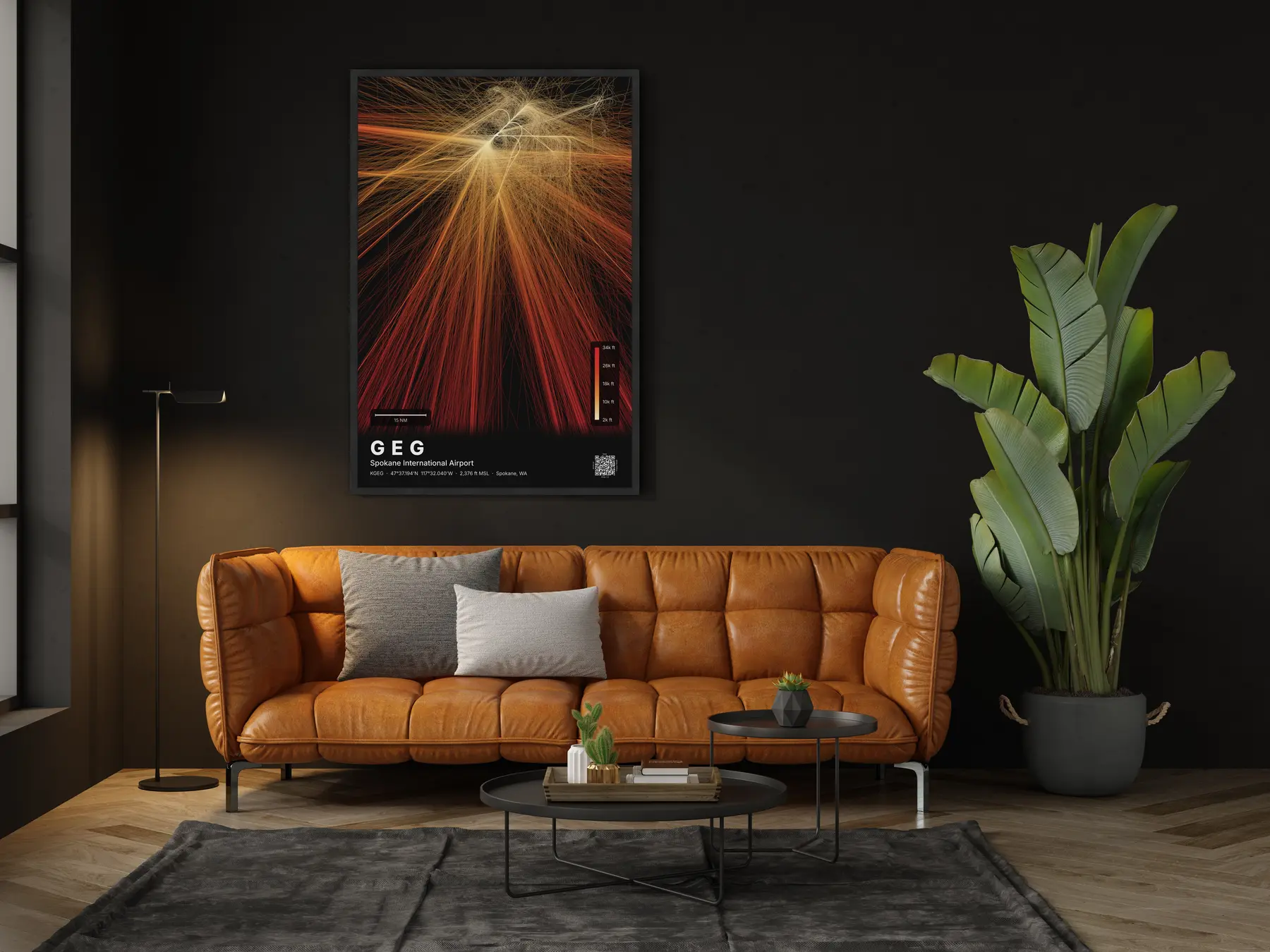 The GEG flight path map on a wall in a living room