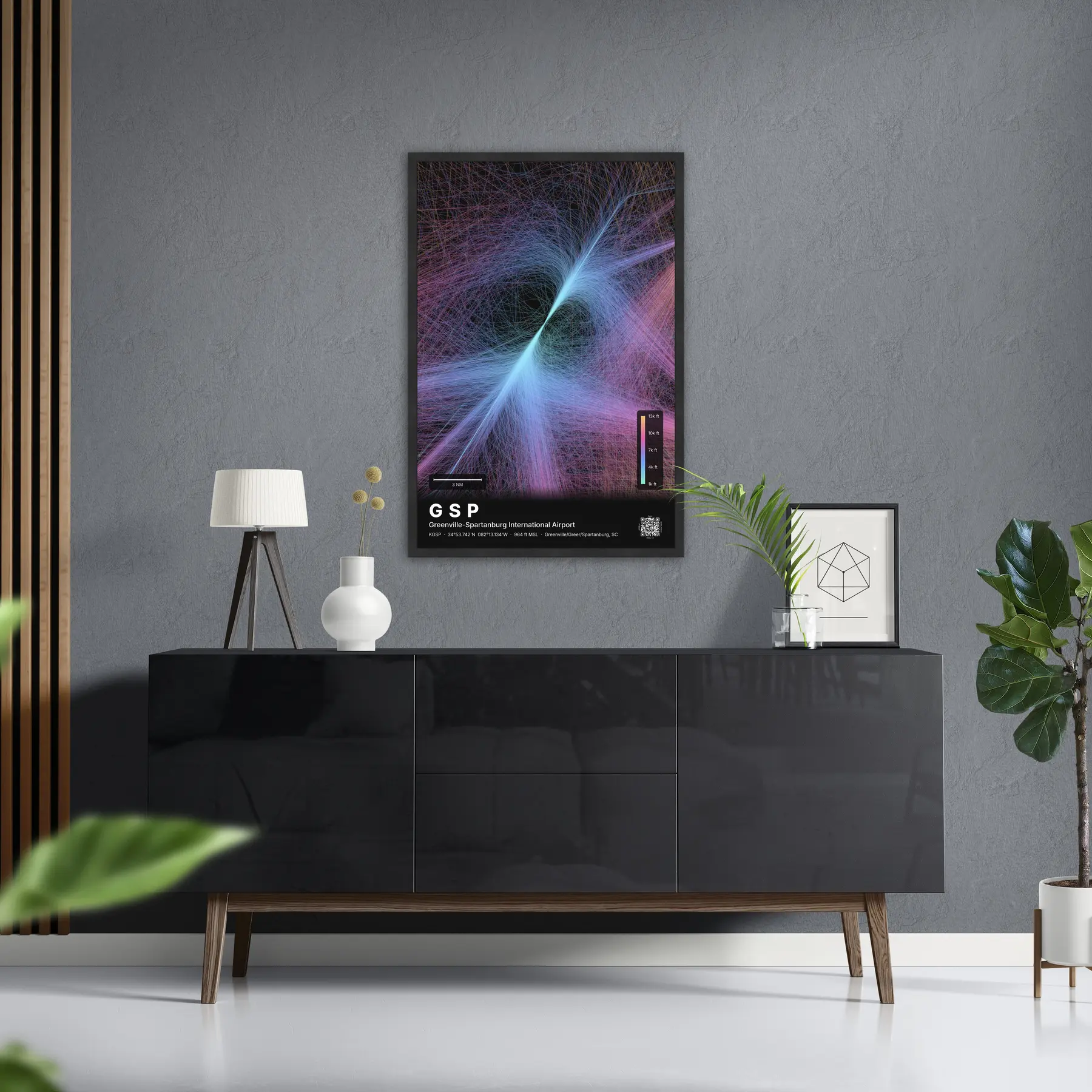 GSP flight path print — Aurora theme · Dark in foyer setting