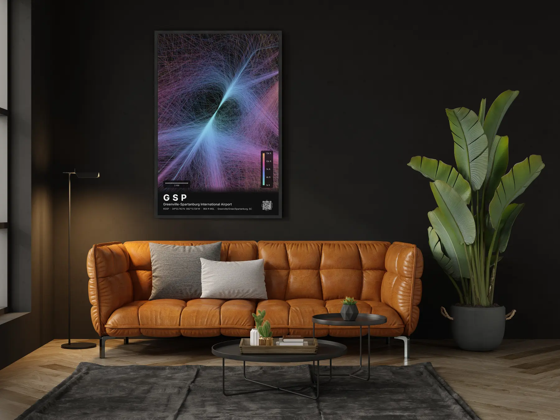GSP flight path print — Aurora theme · Dark in living-room setting
