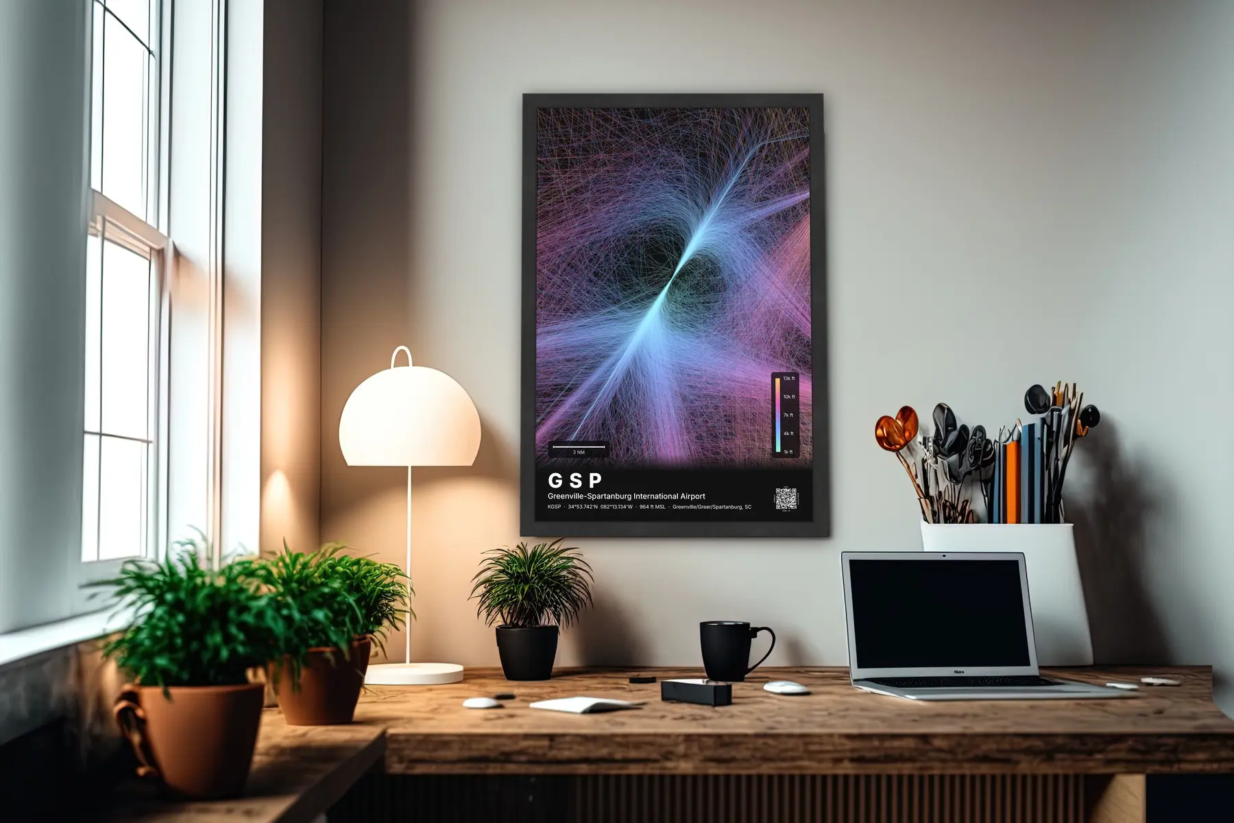 GSP flight path print — Aurora theme · Dark in office setting