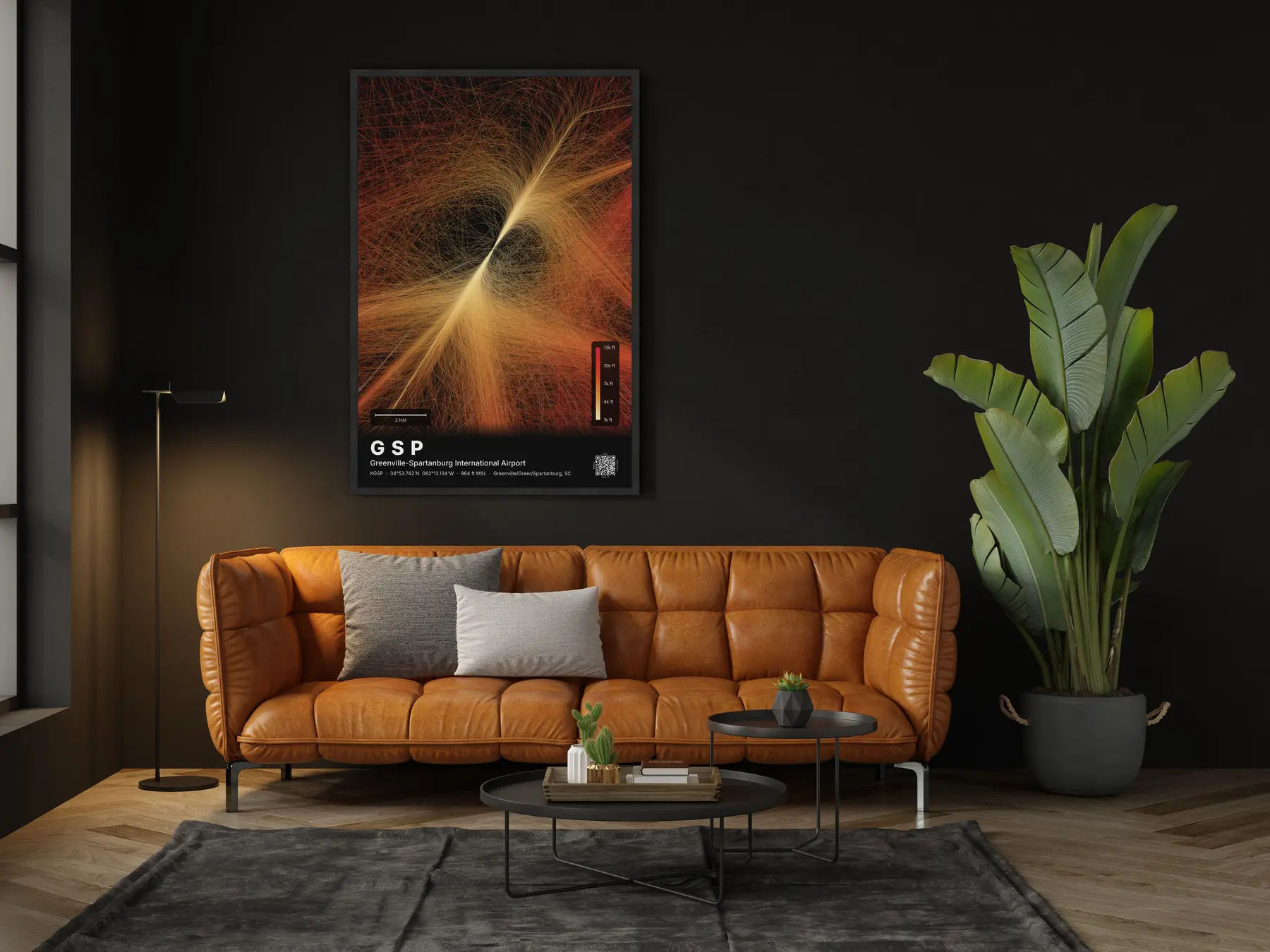 The GSP flight path map on a wall in a living room