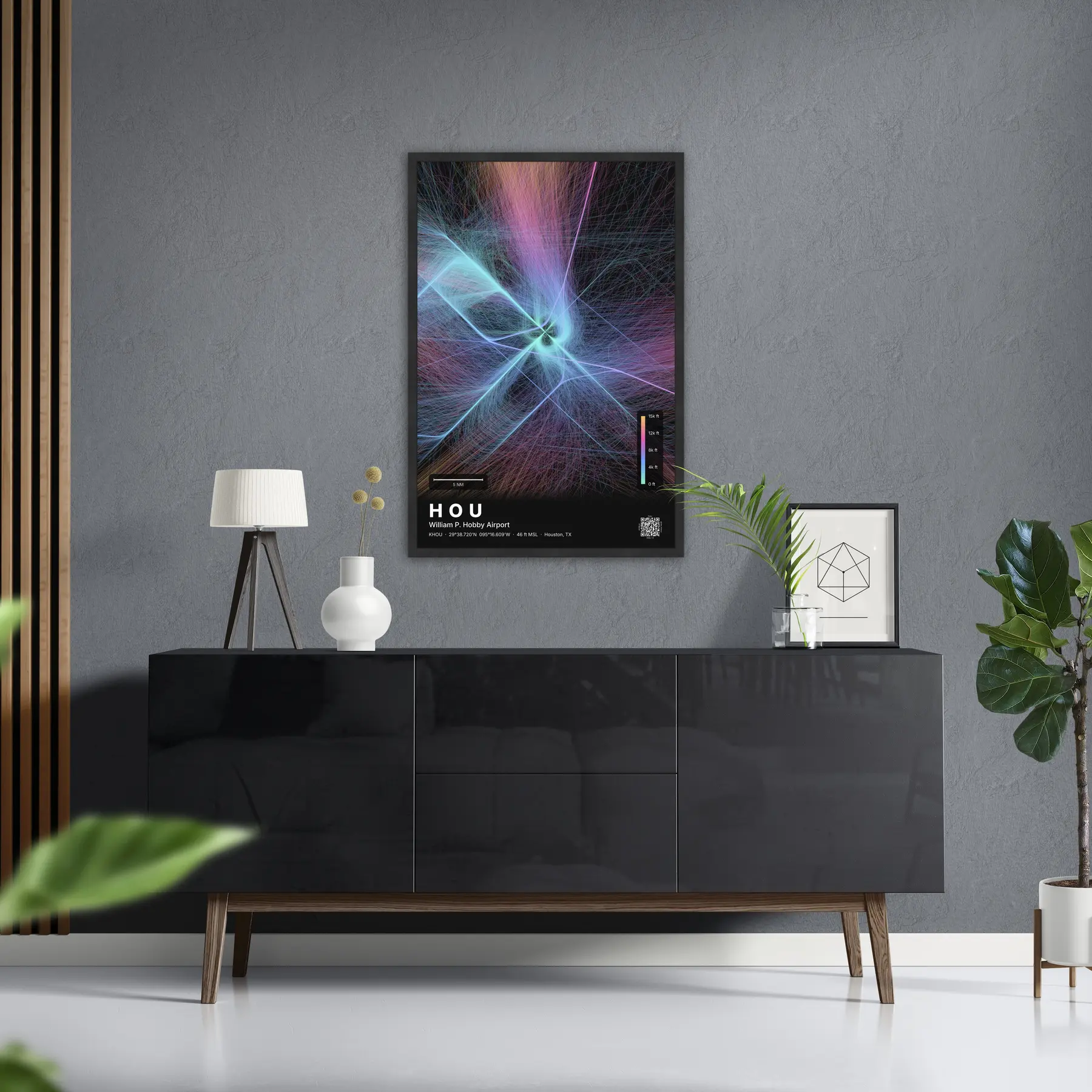 HOU flight path print — Aurora theme · Dark in foyer setting