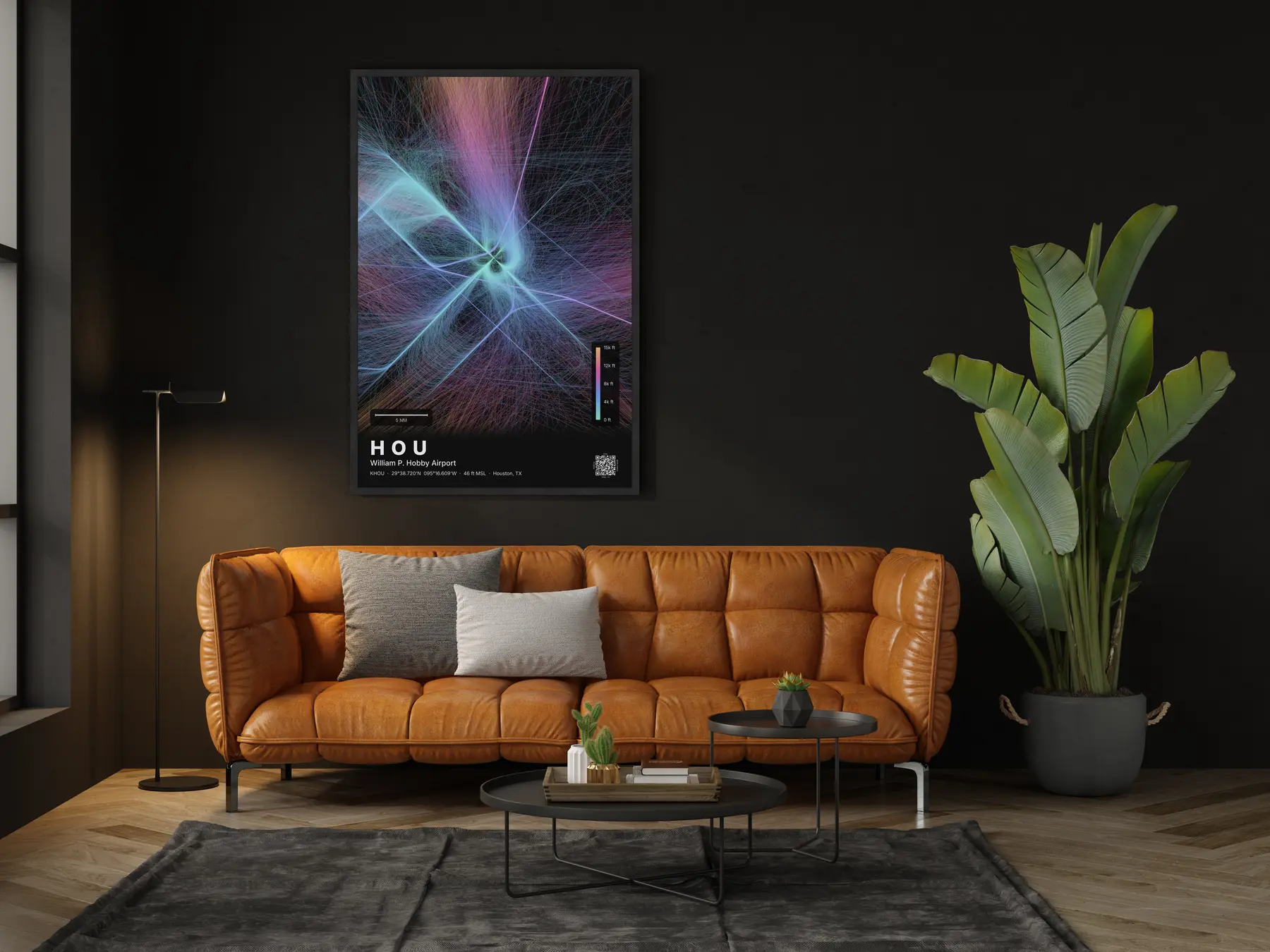 HOU flight path print — Aurora theme · Dark in living-room setting