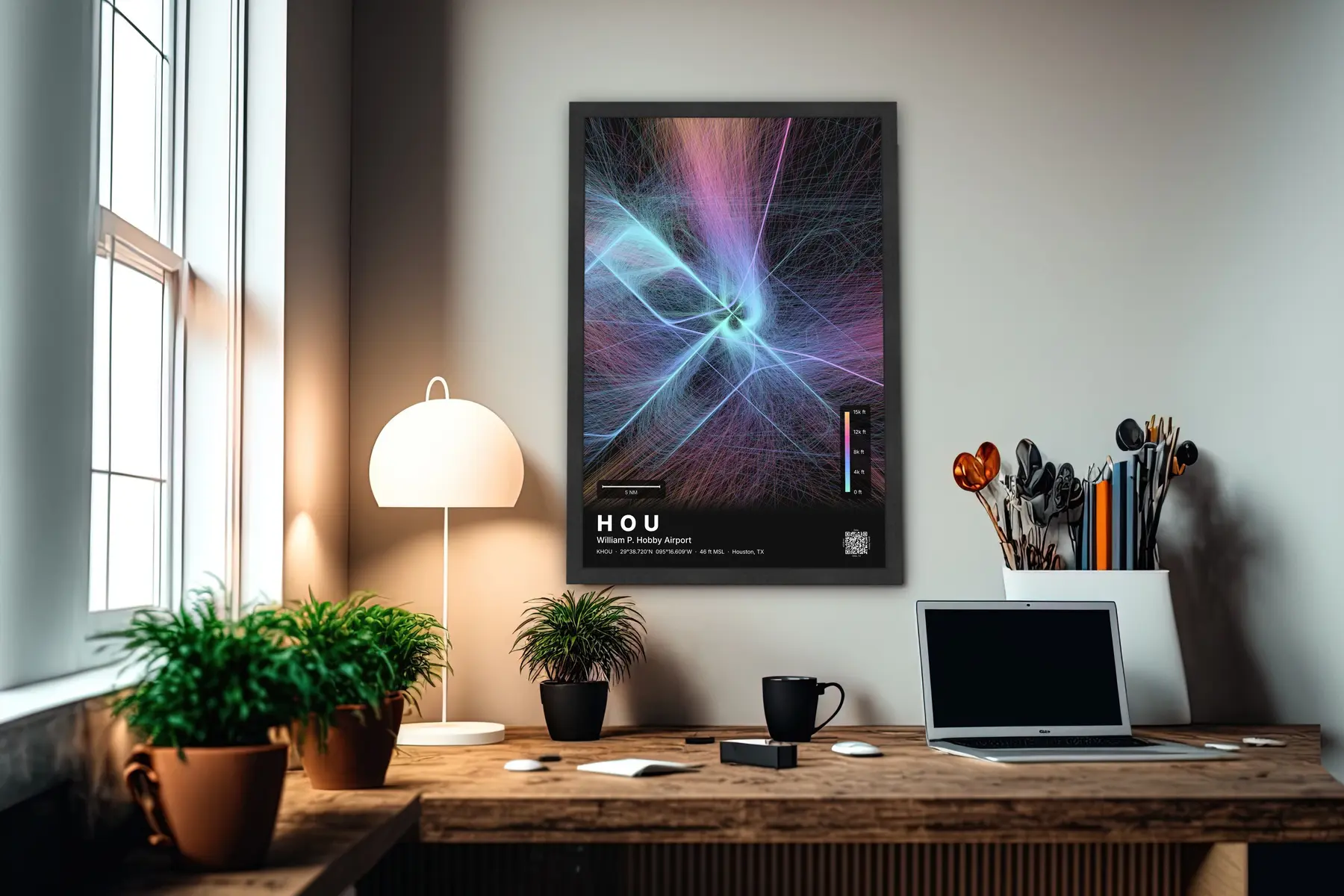 HOU flight path print — Aurora theme · Dark in office setting