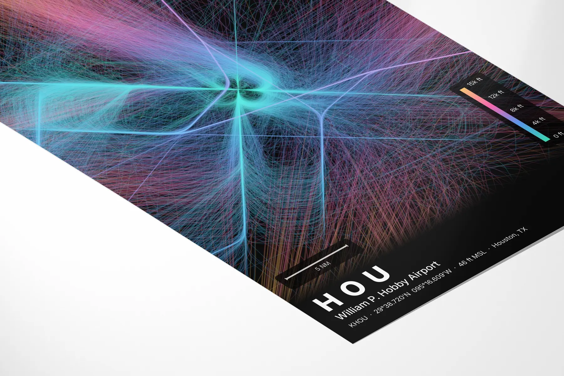 HOU flight path print — Aurora theme · Dark in corner-detail setting