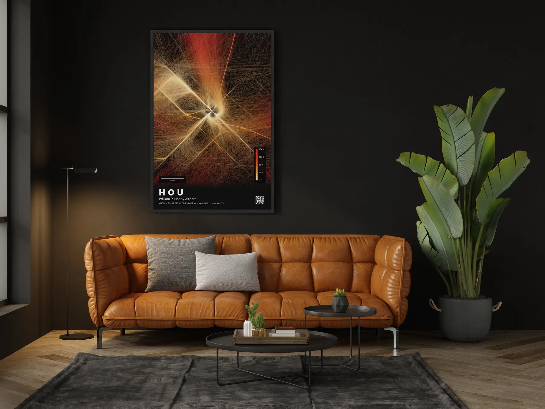 The HOU flight path map on a wall in a living room