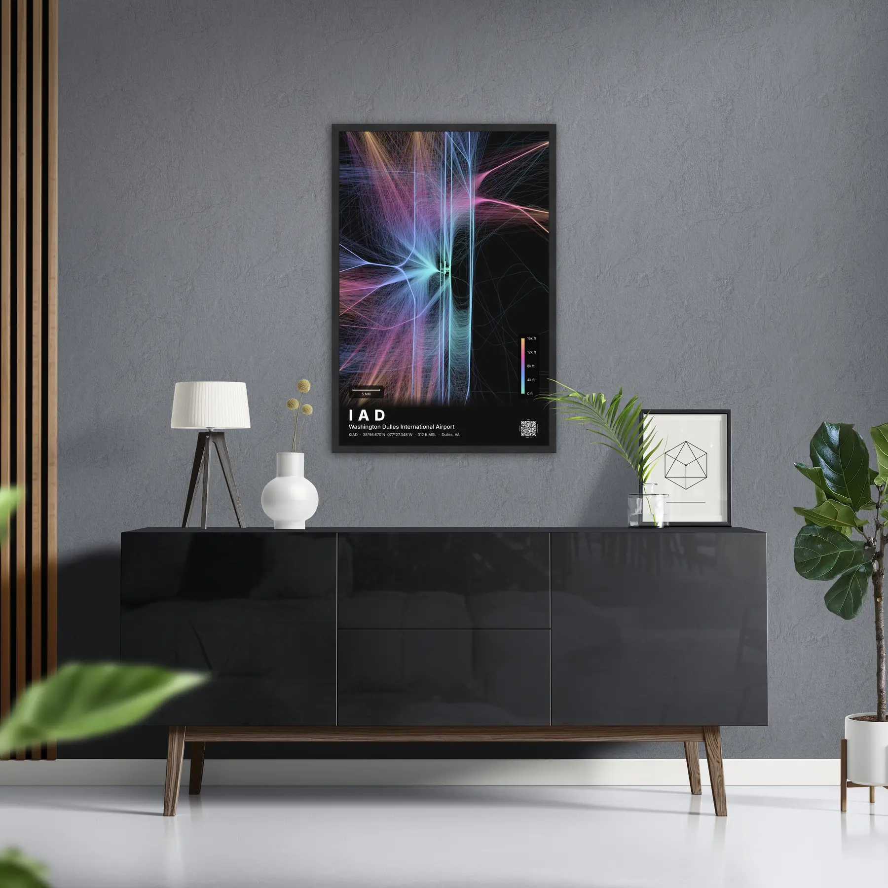 IAD flight path print — Aurora theme · Dark in foyer setting