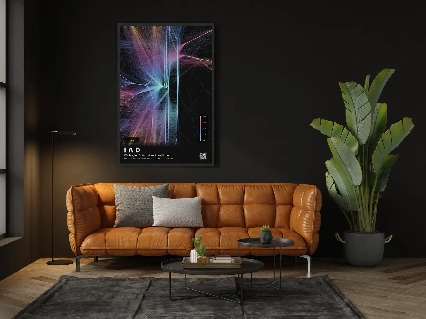 IAD flight path print — Aurora theme · Dark in living-room setting