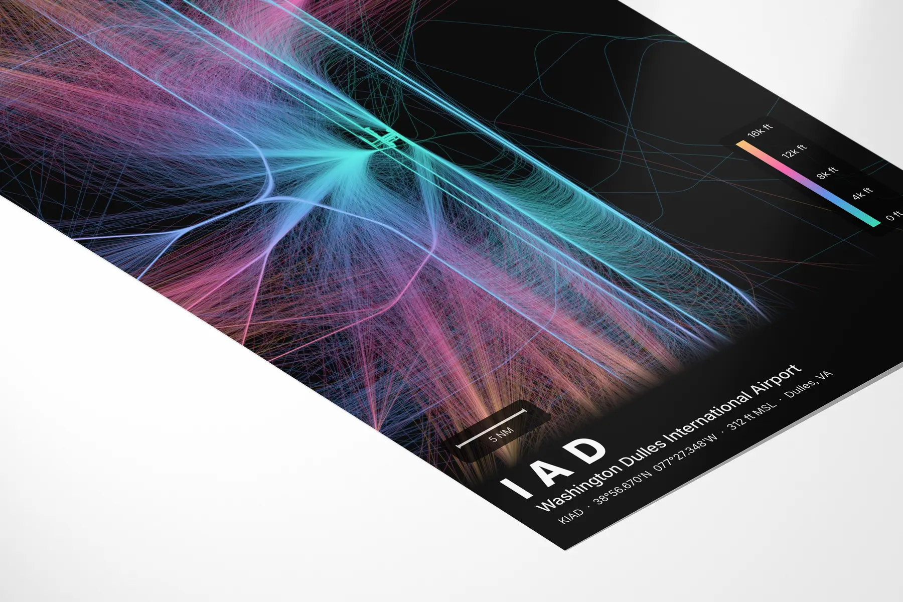 IAD flight path print — Aurora theme · Dark in corner-detail setting