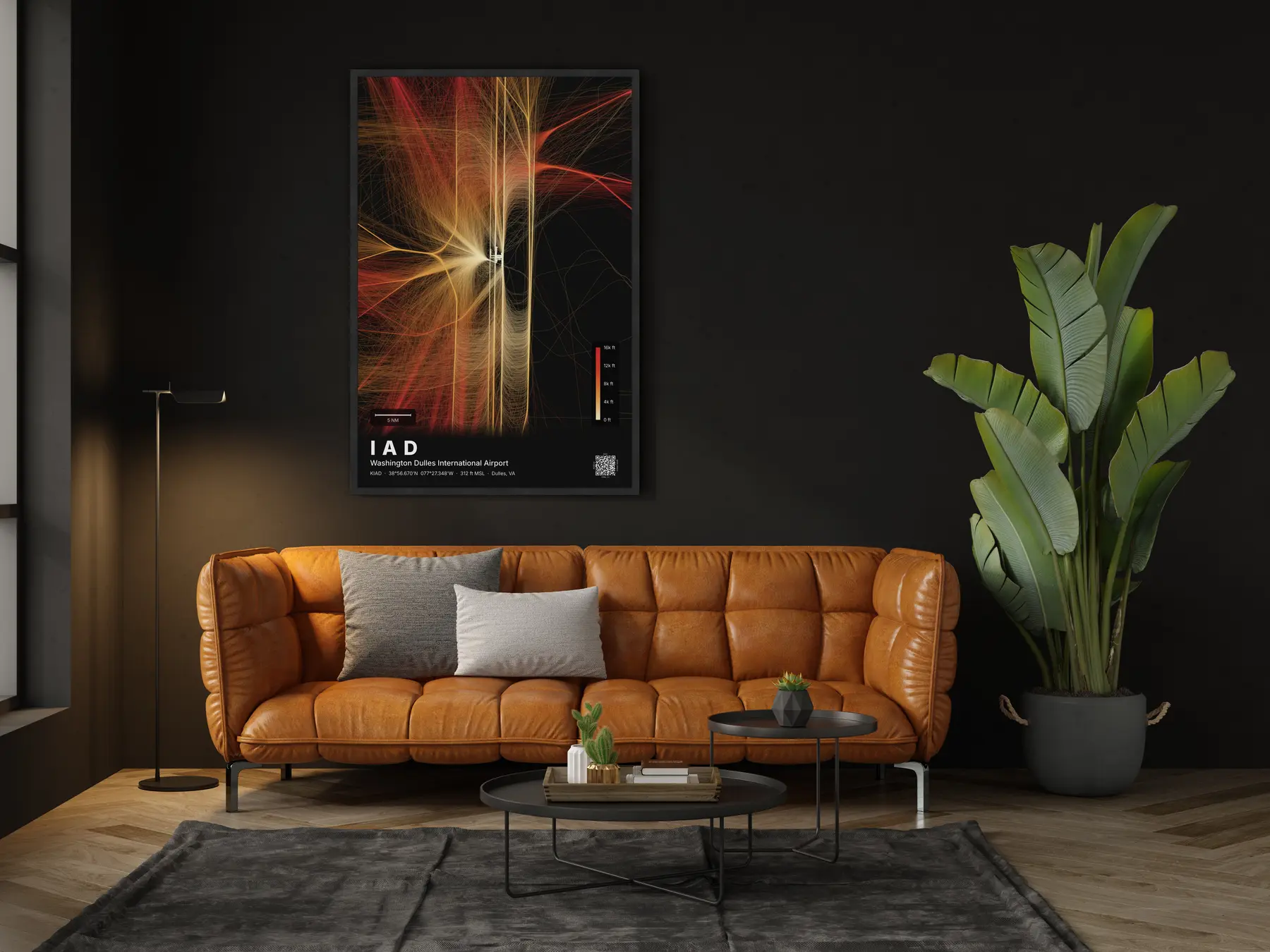 The IAD flight path map on a wall in a living room