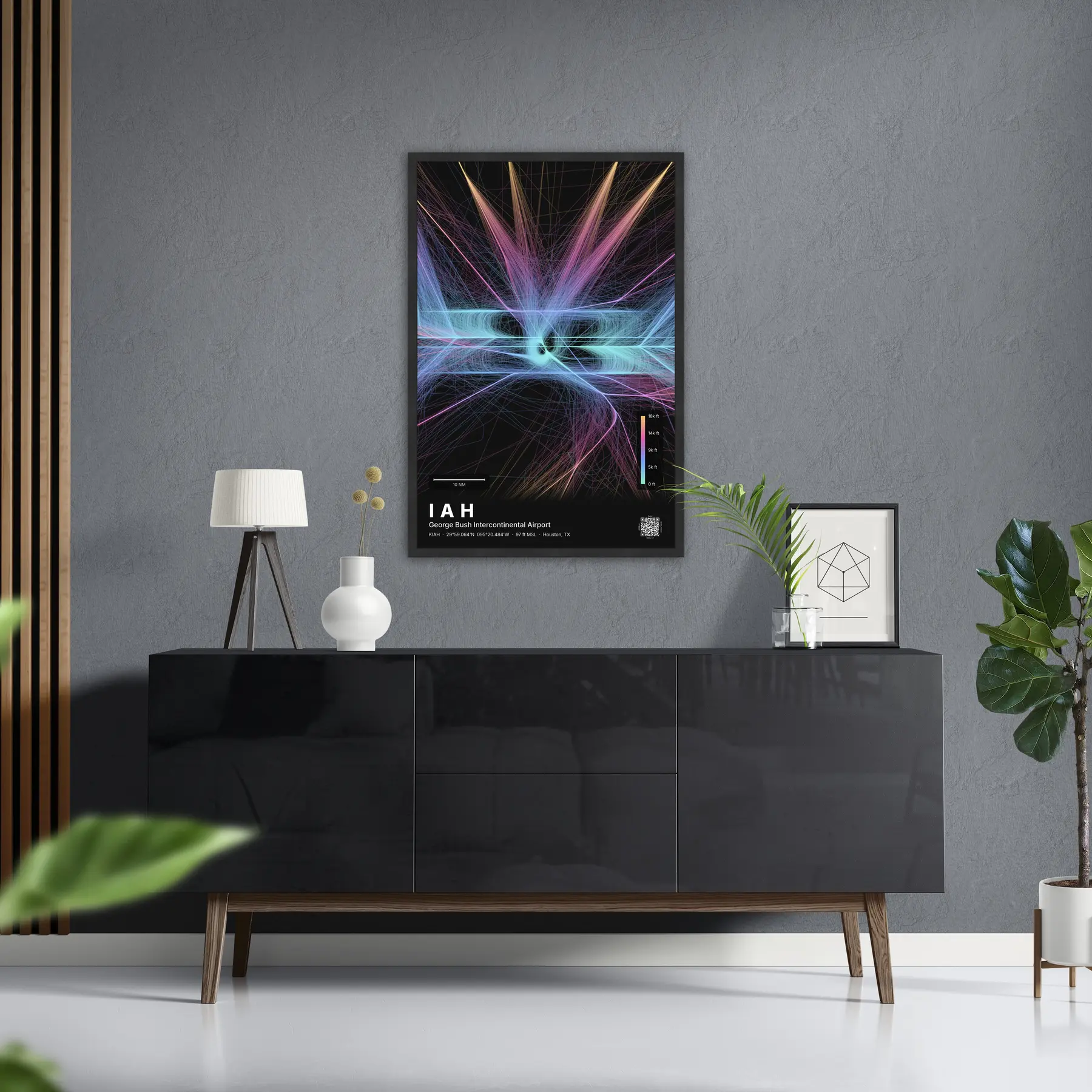 IAH flight path print — Aurora theme · Dark in foyer setting