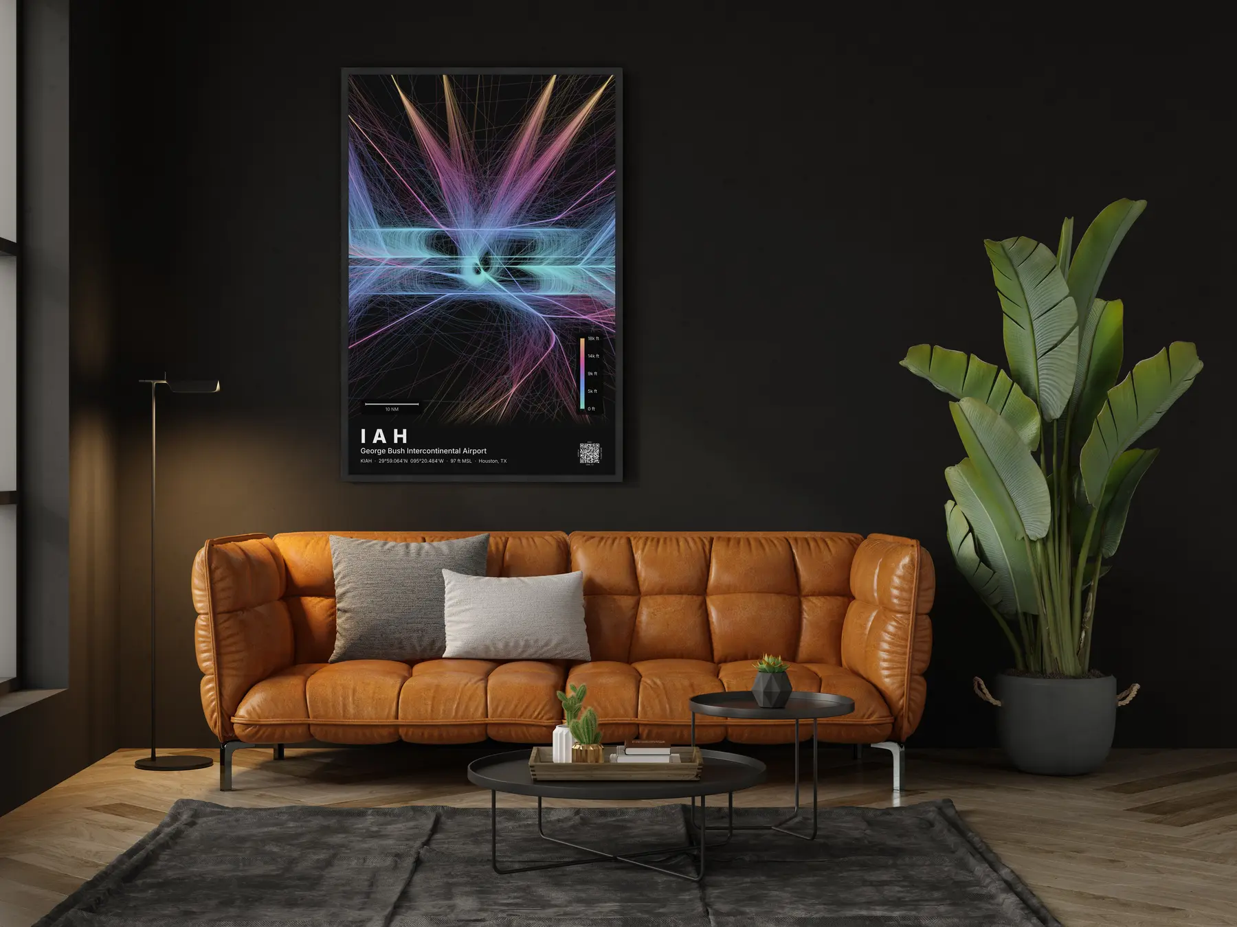 IAH flight path print — Aurora theme · Dark in living-room setting