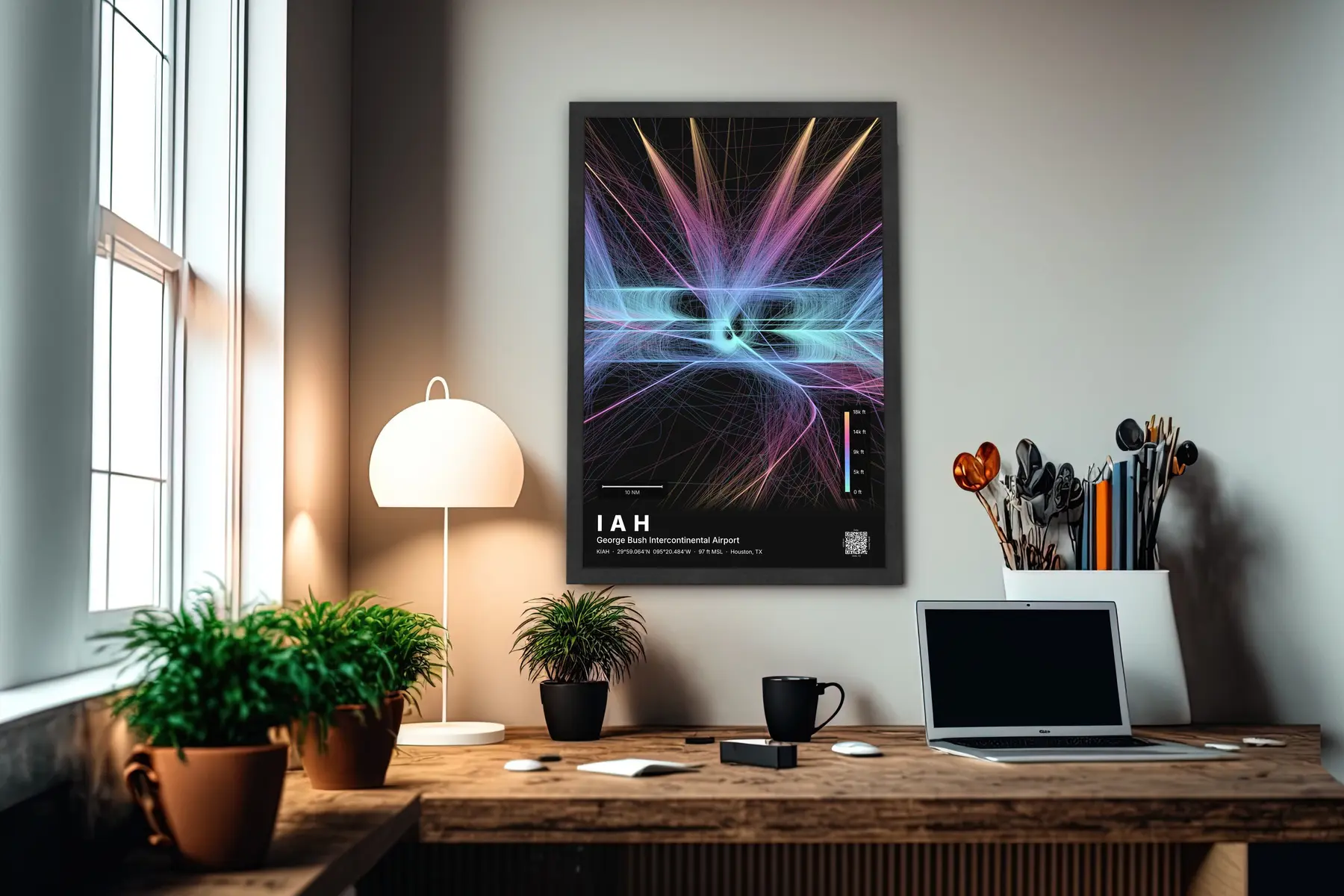 IAH flight path print — Aurora theme · Dark in office setting