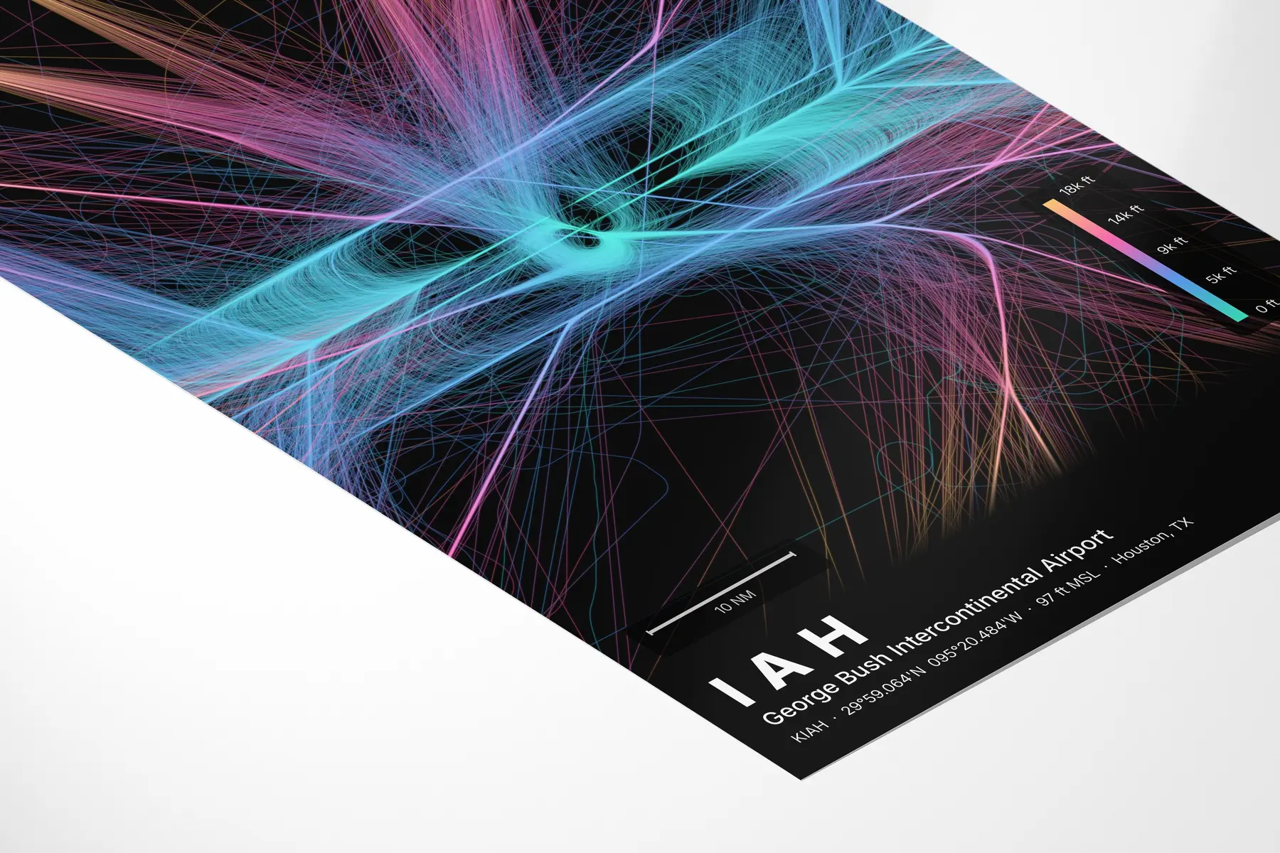 IAH flight path print — Aurora theme · Dark in corner-detail setting