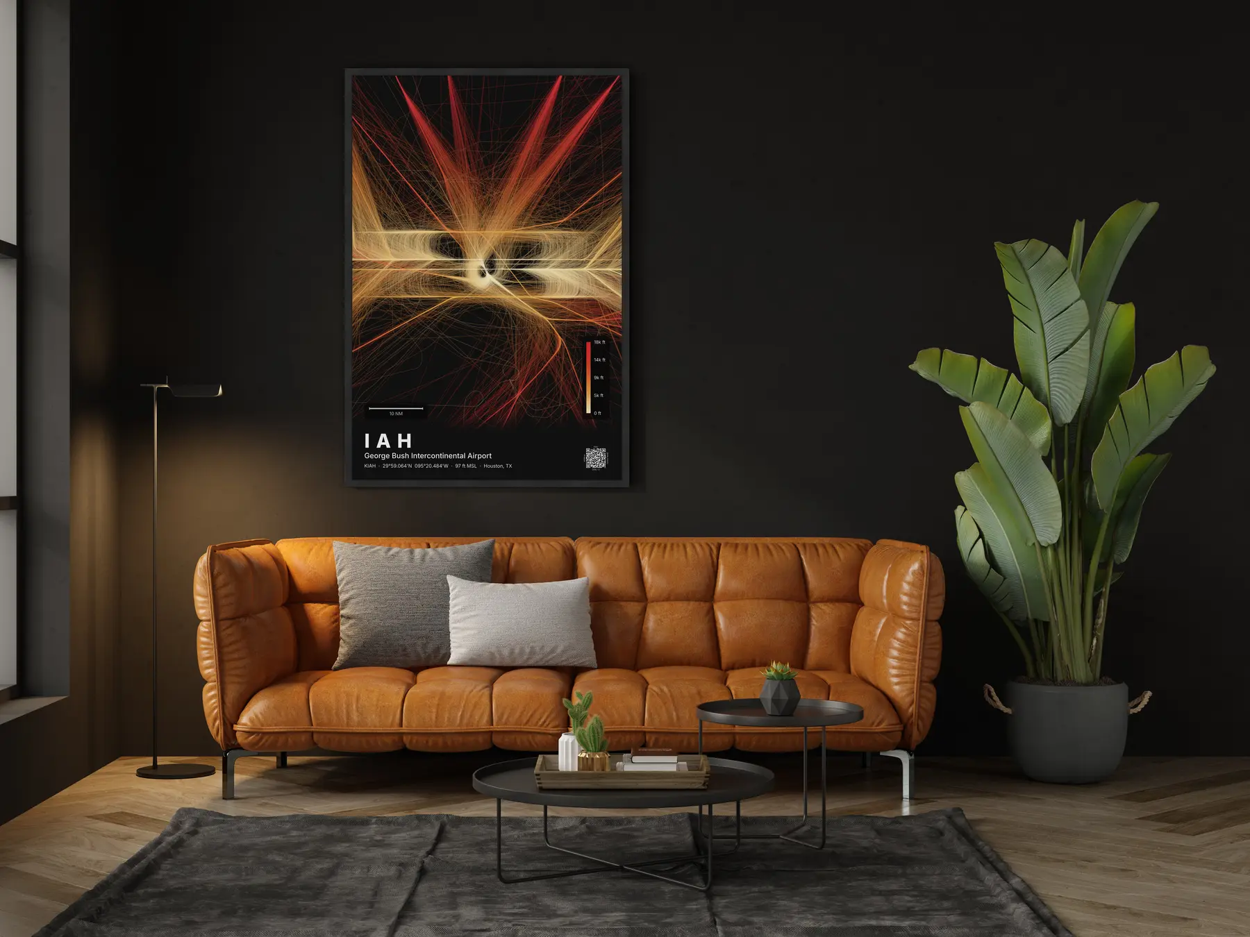 The IAH flight path map on a wall in a living room