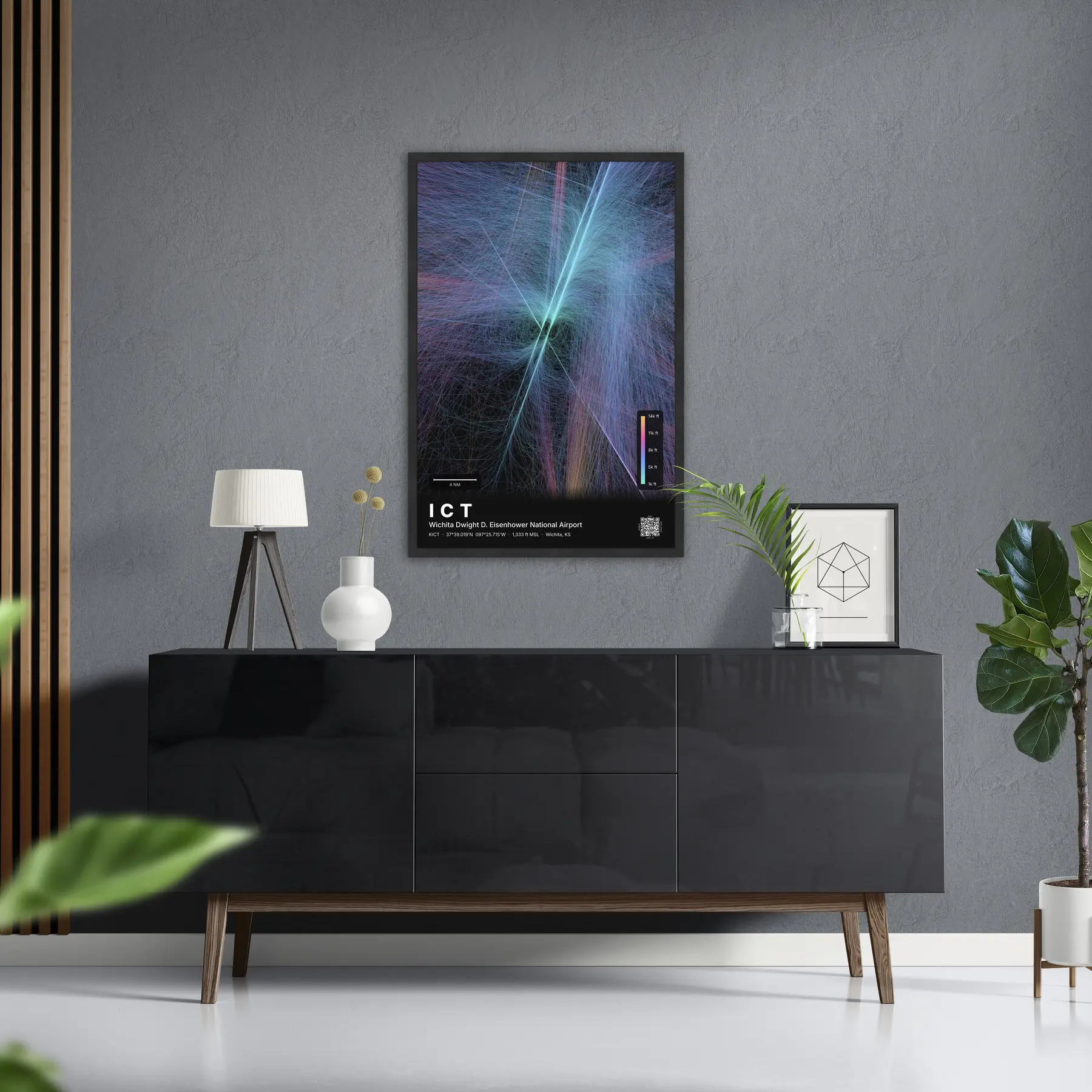 ICT flight path map — Aurora theme · Dark in foyer setting
