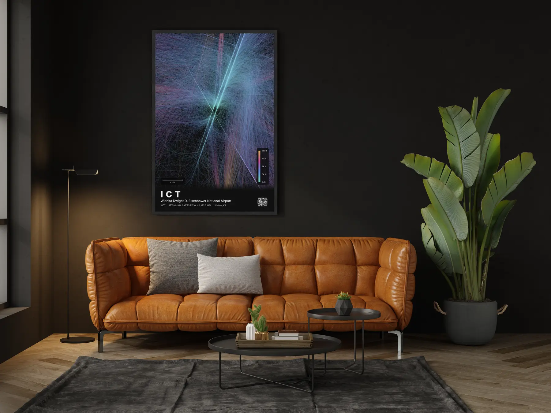 ICT flight path map — Aurora theme · Dark in living-room setting