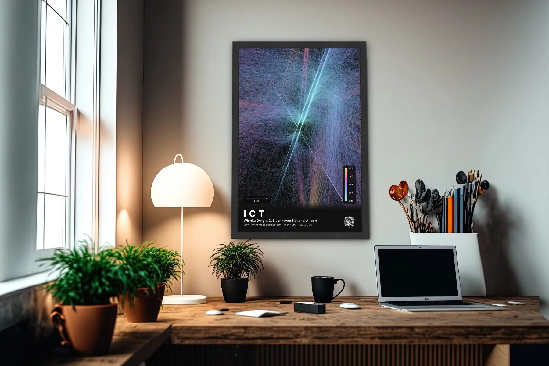 ICT flight path map — Aurora theme · Dark in office setting