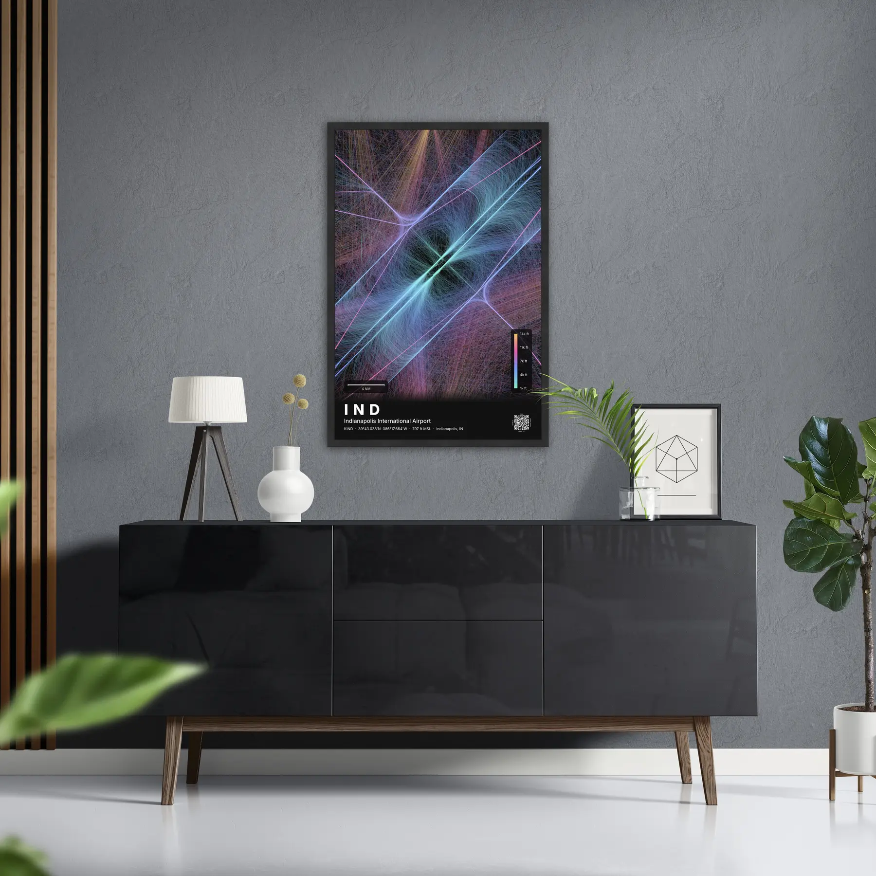 IND flight path print — Aurora theme · Dark in foyer setting