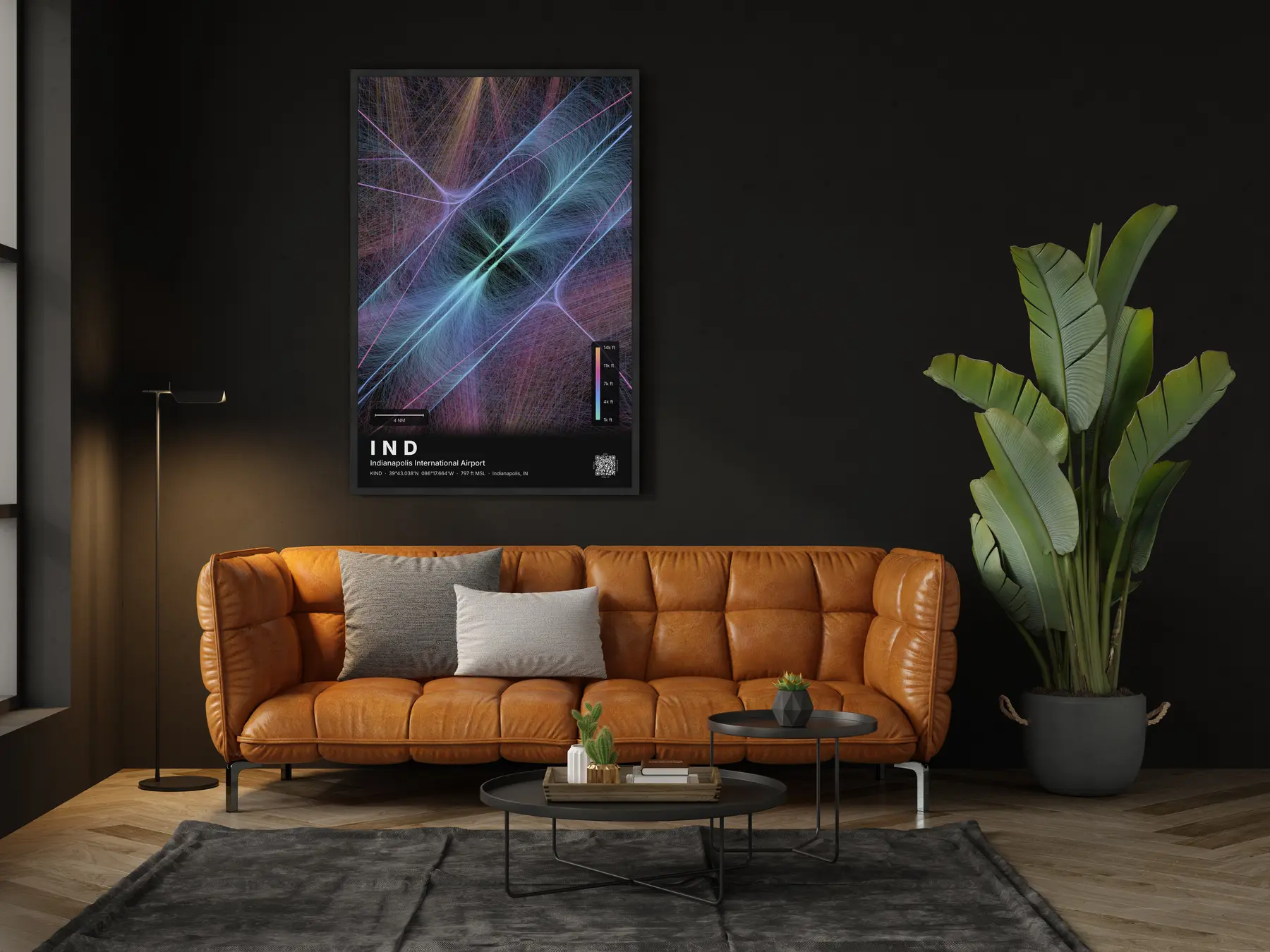 IND flight path print — Aurora theme · Dark in living-room setting