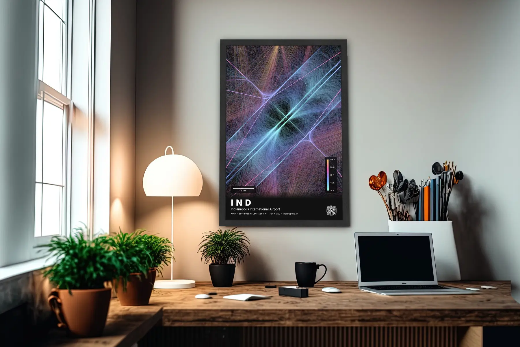 IND flight path print — Aurora theme · Dark in office setting